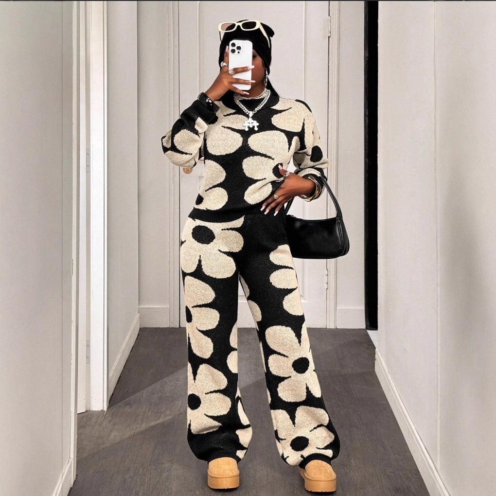Autumn Winter European And American Fashion Multi-color Floral Knit Jacquard Sweater And Pants Knitted Set