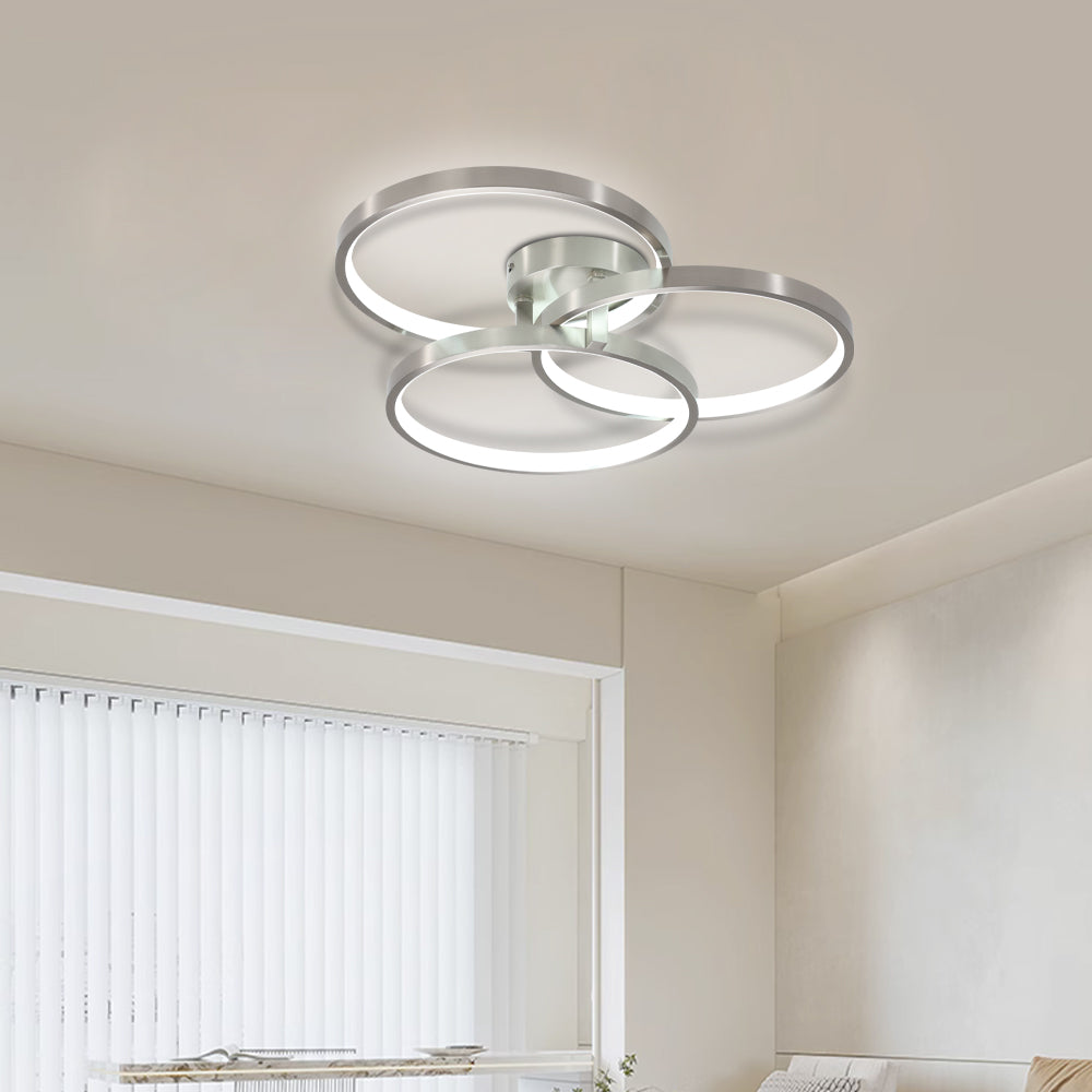 20in Modern LED Ceiling Light Fixture - Circular 3-Ring Design, Dimmable, Contemporary Brushed Nickel Finish For Living Room, Bedroom & Office