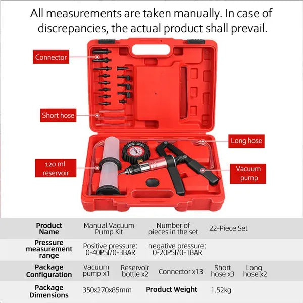 Manual Vacuum Pump Kit - Suitable For Brake System Bleeding, Cooling System Degassing, Liquid Transfer, And Vacuum Component Testing