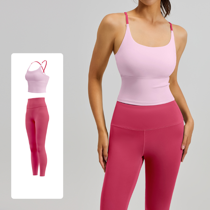 Women's Two-Piece Sports Fitness Outfit With Camisole Top & Long Pants, Color Block Shockproof Yoga Wear For Indoor Training