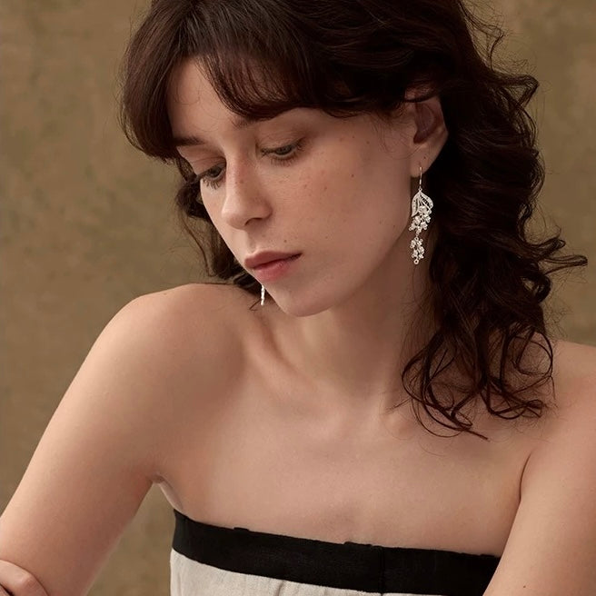 1 Pair 999 Sterling Silver Long Hollow Leaf Tassel Earrings, Elegant Luxurious Style, Perfect For Weddings & Valentine's Gifts