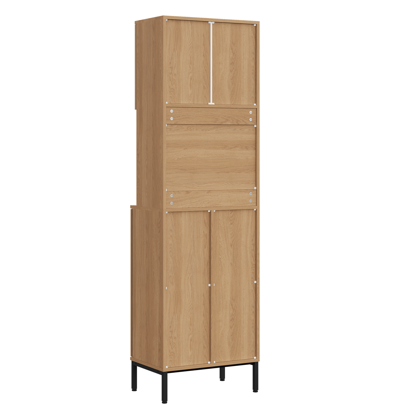 Trash Cabinet, Kitchen Cabinet With Rubbish Shelf, 181cm Tall Cabinet In Oak Look & Black, Microwave Compartment, Storage Space For Vacuum Cleaner, 53x35x181cm