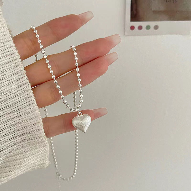 1pc 999 Sterling Silver Matte Heart Pendant Ball Chain Necklace, Minimalist Sweet Style, Perfect For Daily Wear & Valentine's Gifts