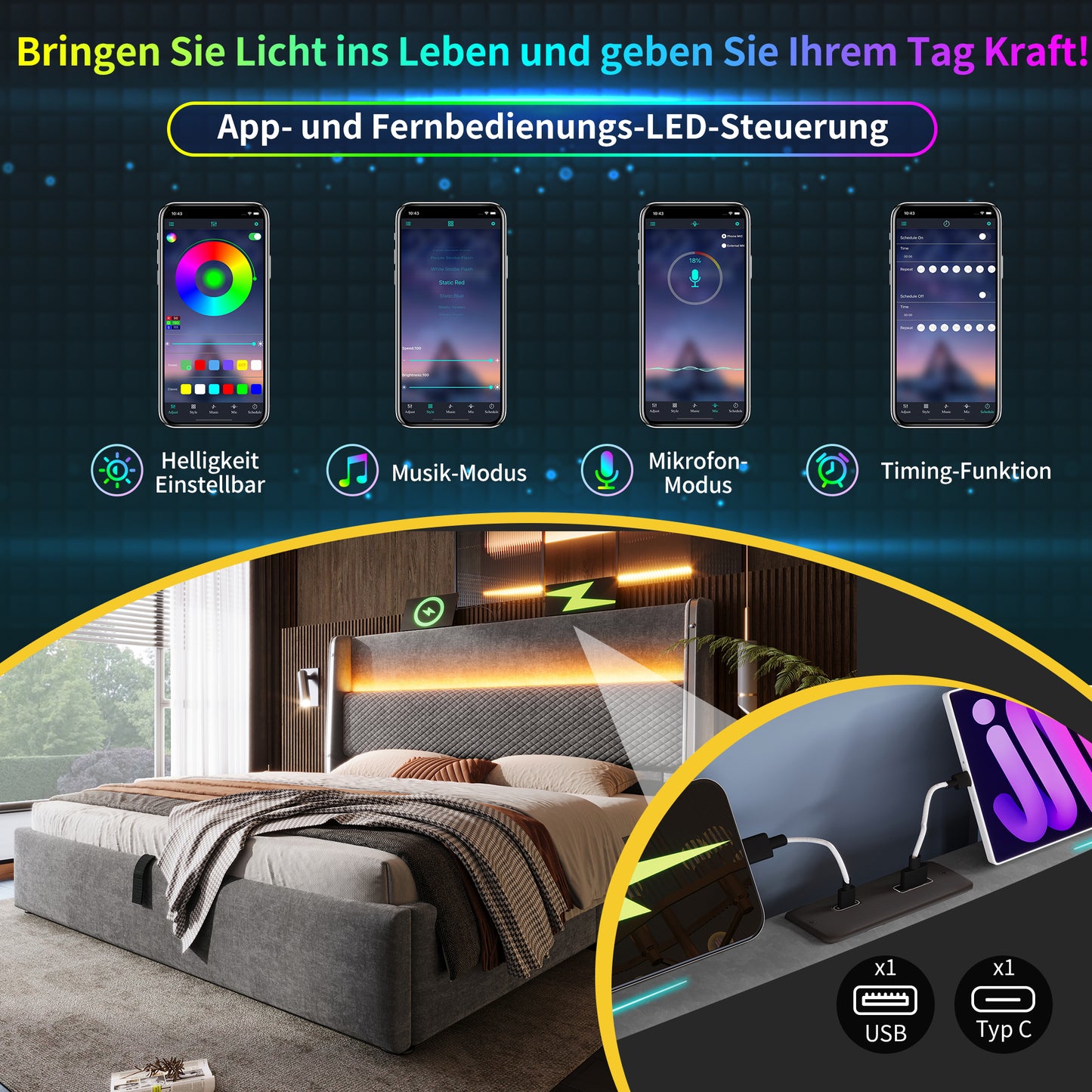 Modern Hydraulic Bed With High Headboard, 90x200cm Single Bed With LED Lighting, Storage Space & USB Type-C Ports, In Linen Look Grey  Without Mattress