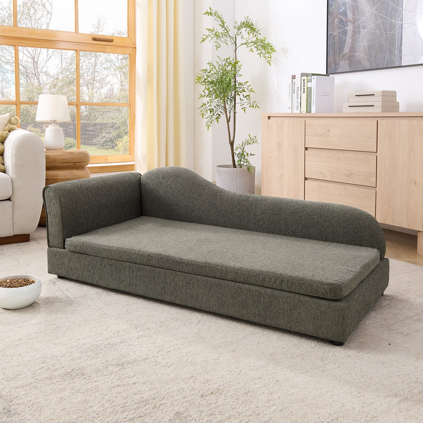 Oversized Pet Sofa For Medium Large Dogs - Modern Irregular Wave Backrest, Single Armrest, Premium Breathable Linen Fabric, Soft Cushion & Low Plastic Feet-DARK GREY