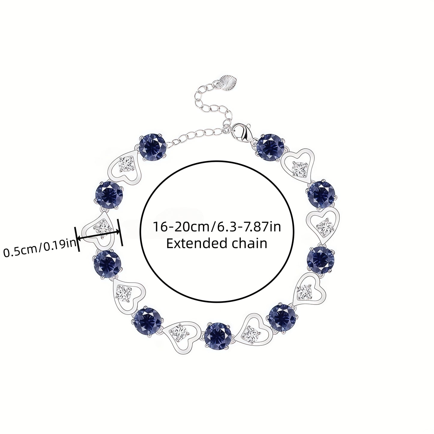 Heart Link Round Blue CZ Tennis Bracelet For Women, Copper Plated Silver With Adjustable Extension Chain Sapphire Color Cubic Zirconia Romantic Wedding Jewelry Gift