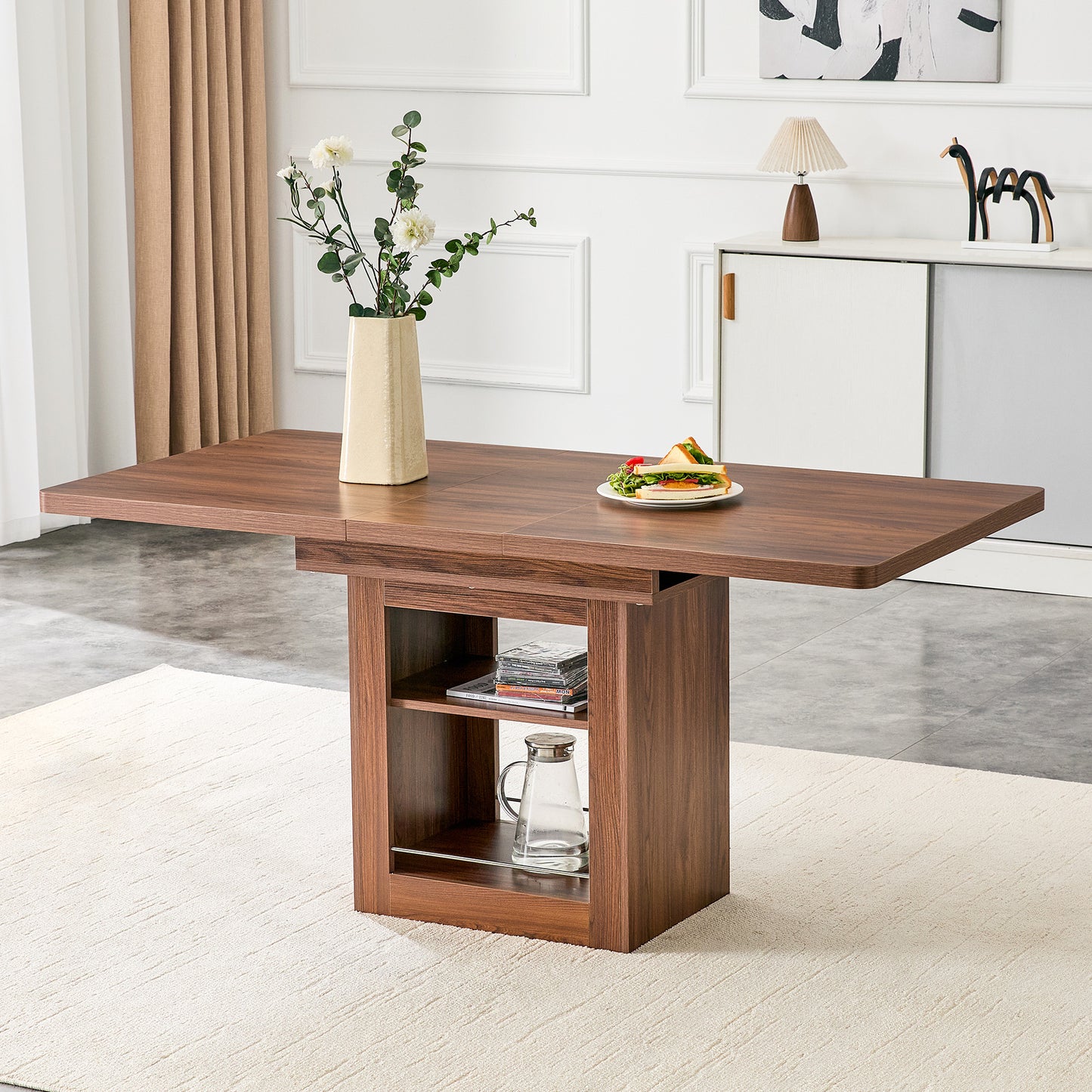 Modern Extendable Walnut Dining Table With Shelf, Space-saving Wooden Kitchen Table For 4-8 People, Extendable Dining Table With Metal Rails