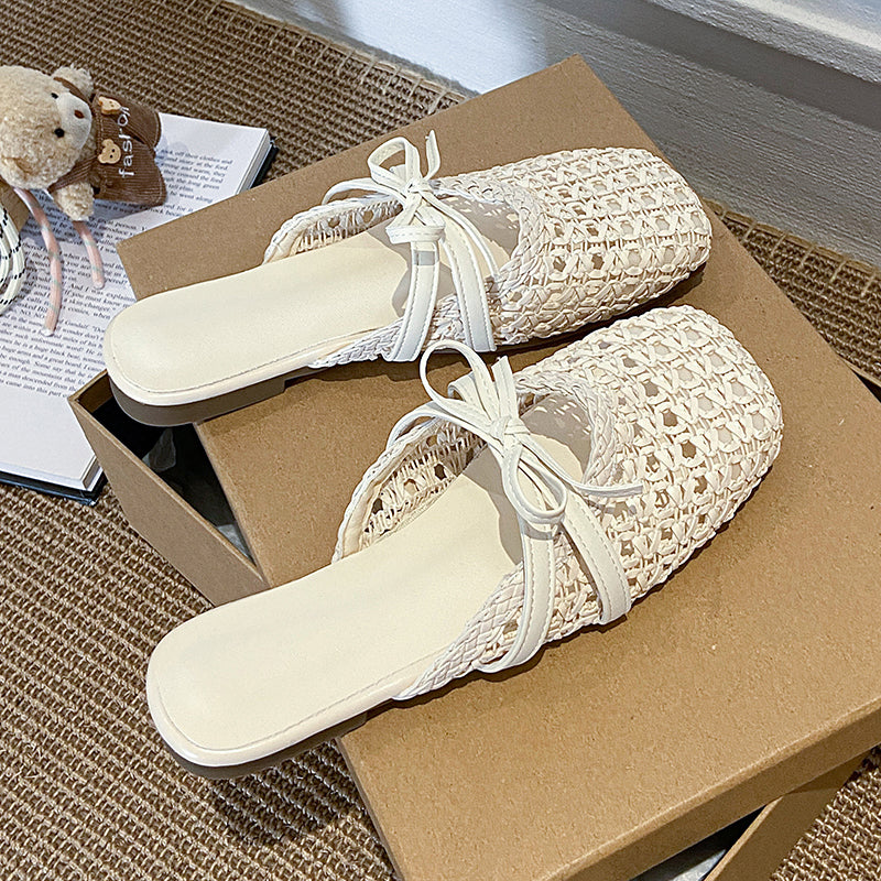 2026 Hot French Woven Hollow Out Mules For Women, Slip-on Flat Elegant Closed Toe Slides For Outdoor Summer Wear