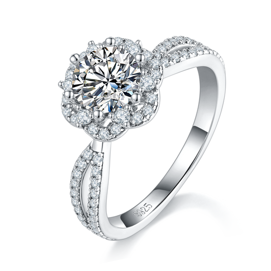 S925 Sterling Silver 1ct Moissanite Ring, 6.5mm D-VVS1 Round Cut, Halo Twist Band, US Sizes 5-9, GRA Certified Gift Box