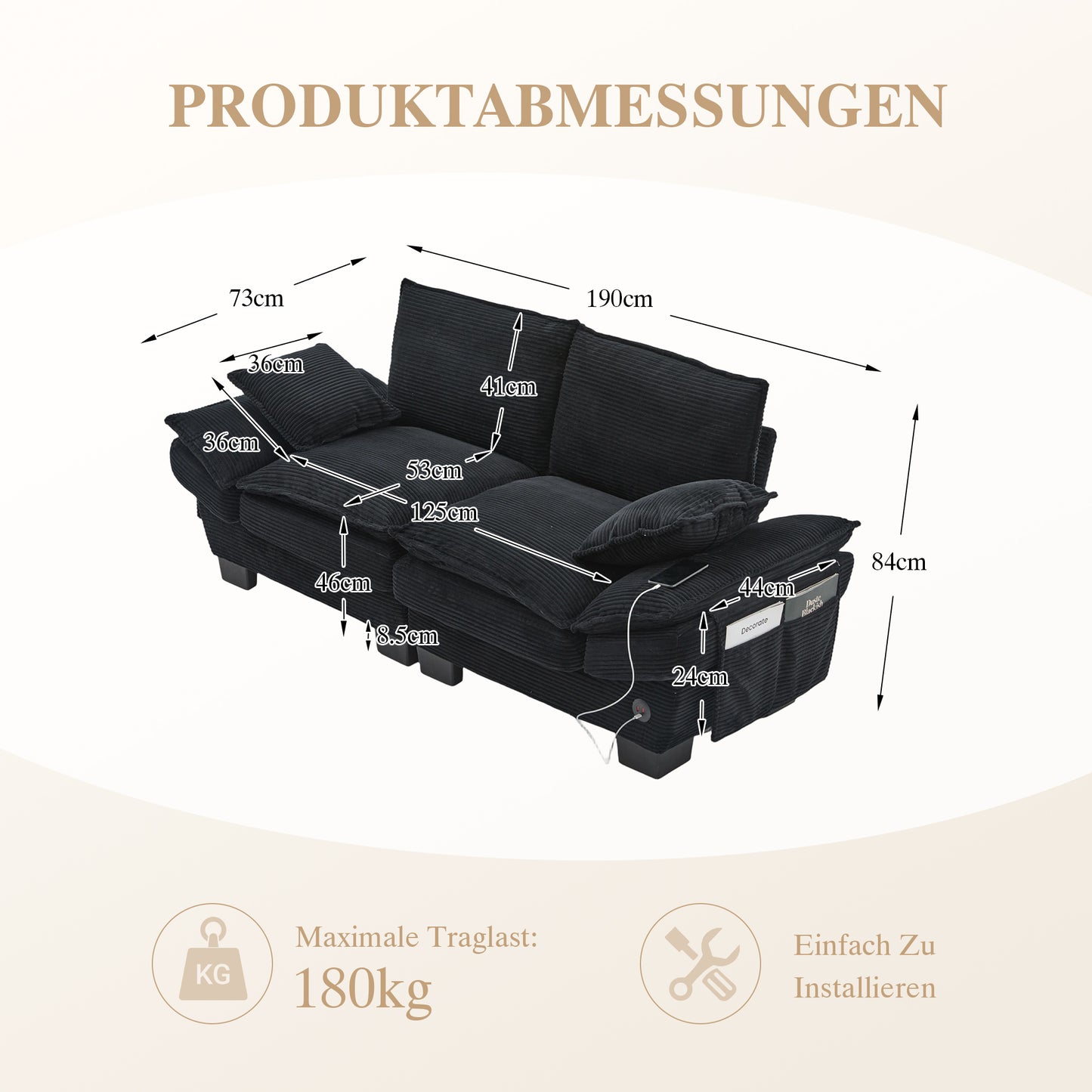 Modular Sofa For 2 People With Wide Seat Surface, Ergonomic Design, High-density Foam Cushioning, USB-C Port And Side Pockets. Ideal For Living Room, Office Or Lounge. Black
