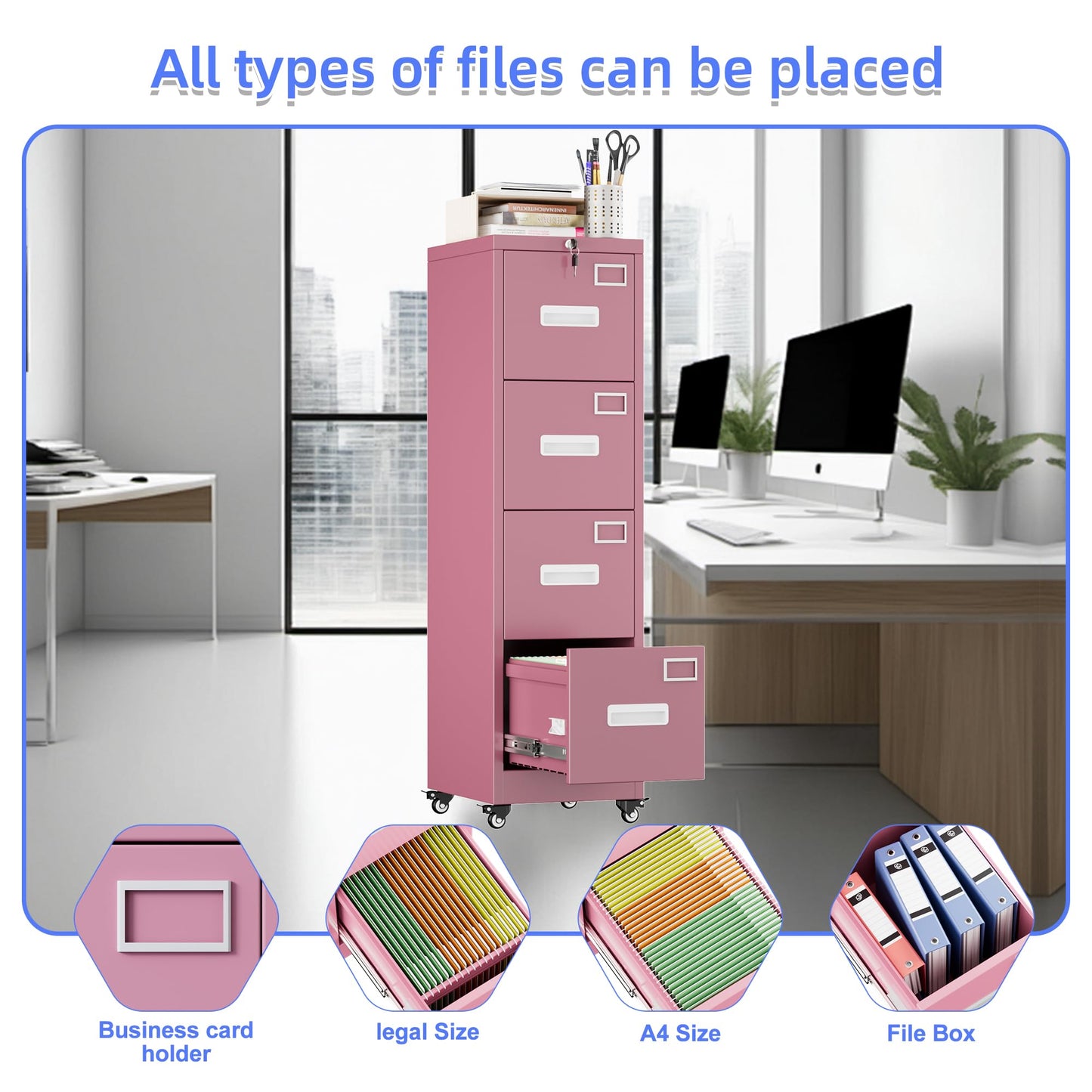 METAN 4 Drawer File Cabinet On Wheels, Lockable Metal Filing Cabinet With Handle And Name Card For Office Home,Assembly Required,Pink