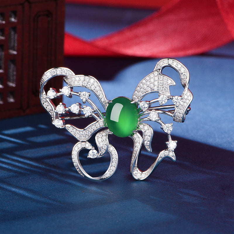 S925 Sterling Silver Butterfly Brooch, 8x10mm Green Chrysoprase Cabochon, Platinum Plated 6.7g, Elegant Women's Brooch Pin With Gift Box