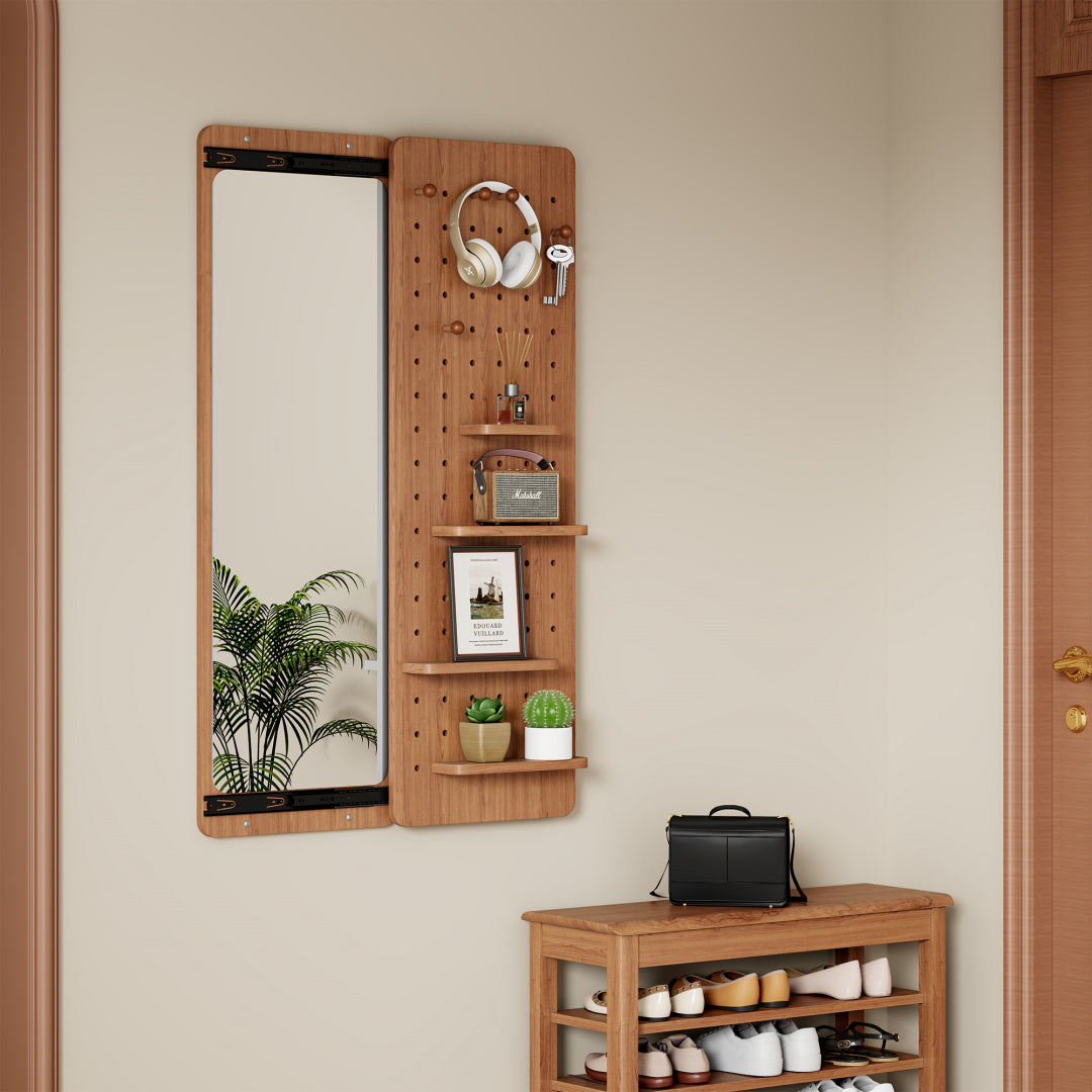 Wall Mounted Full Length Mirror, Full Body Mirror With Shelf, Full Body Mirror With Hook Wall Mounted Mirror With Multifunctional Design Panel, Bedroom Living Room Entrance Cherry 47.6x15.7in
