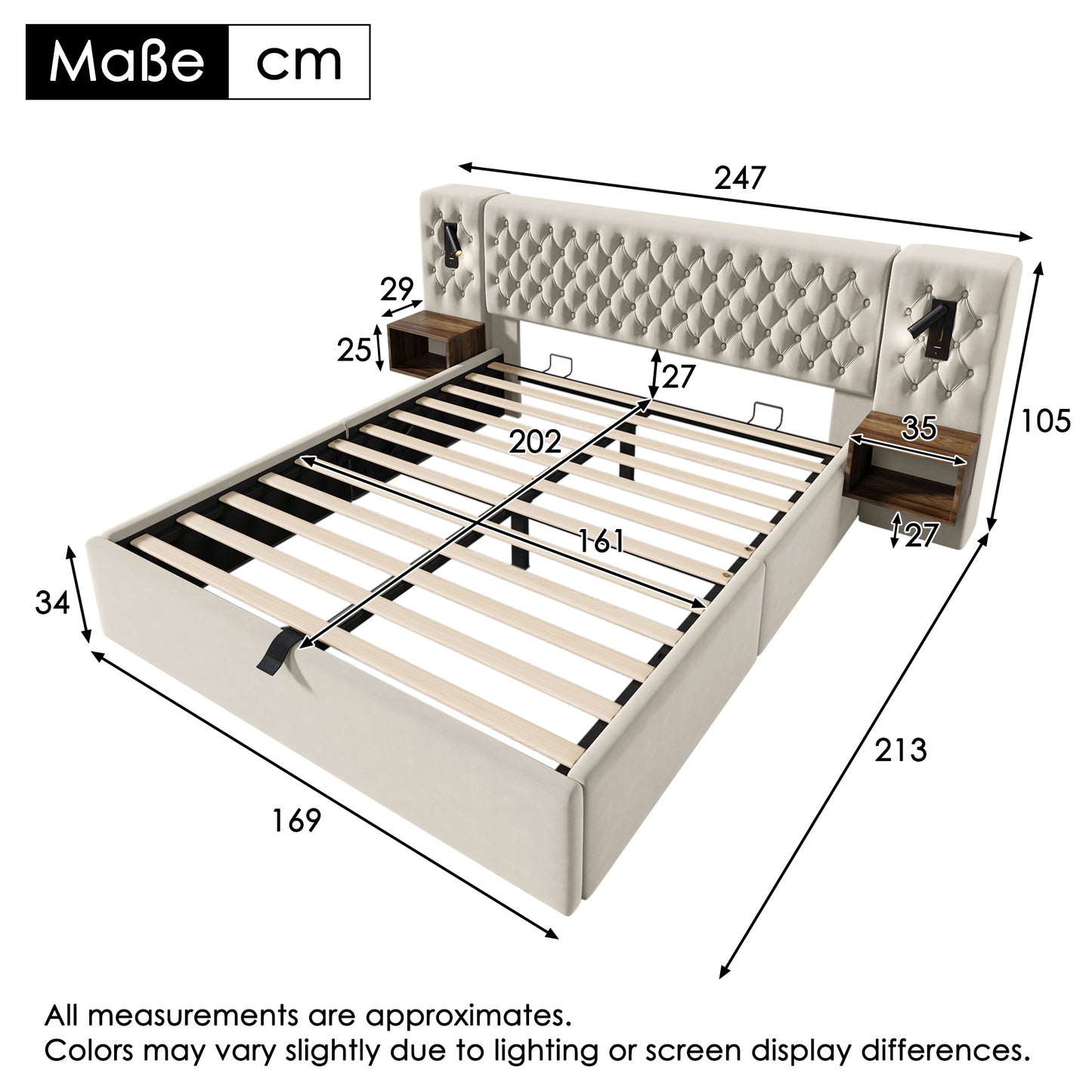 AB30260234B Bed System Bedroom Complete Set,Upholstered Bed Hydraulic Storage Bed Double Bed 160X200 Cm With 2 Bedside Tables, Headboard Reading Light With USB Charging Function, Beige, Velvet  With