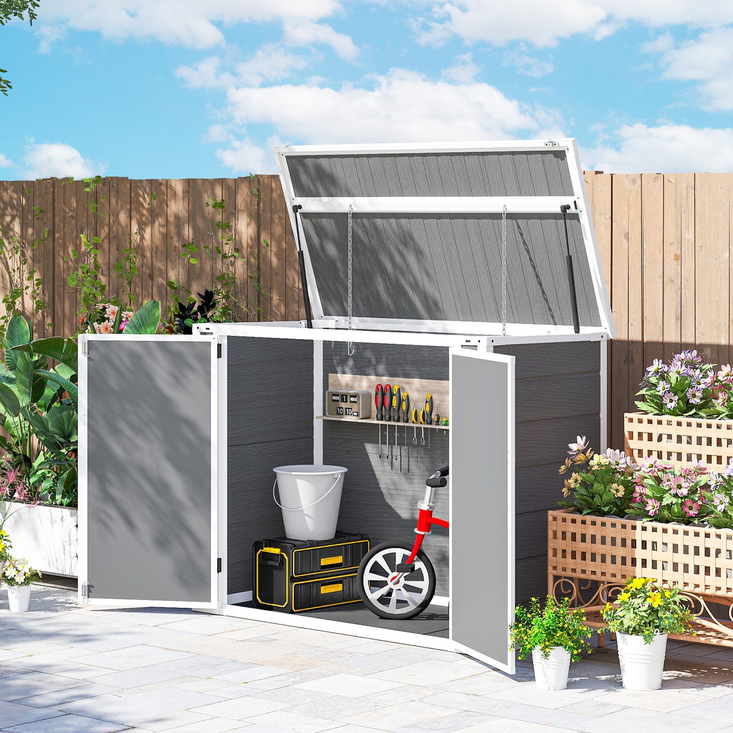 4.7 X 2.5FT Garden Shed, Double Bin Storage Shed With Lockable Doors, Outdoor Small Shed With Openable Lid For 2 Trash Cans, Garden Tools, Grey