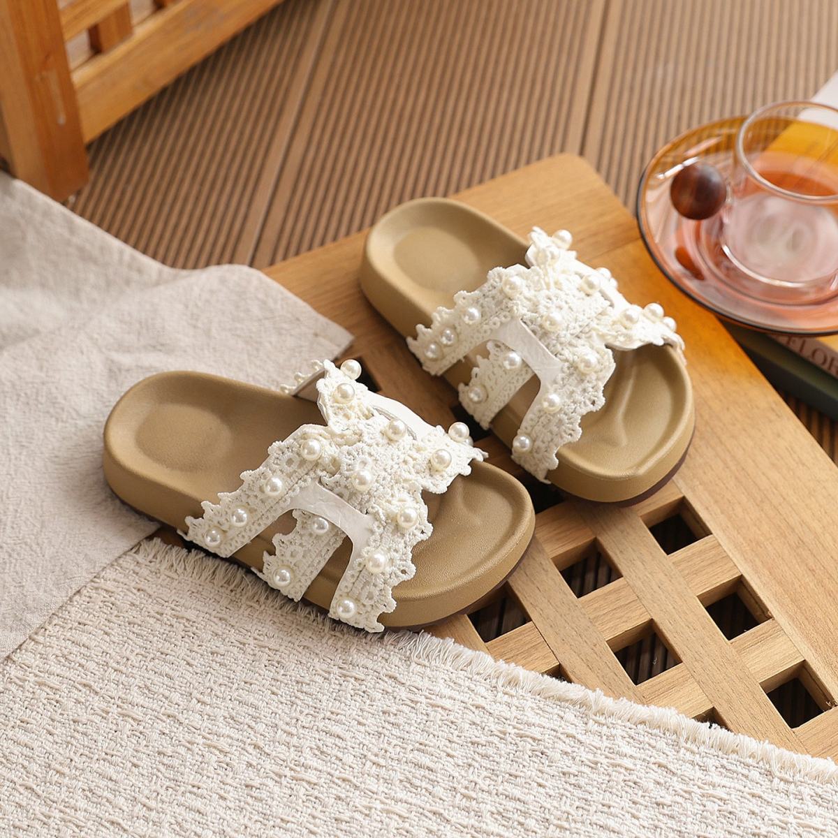 2026 Summer New Korean Style Girls Slippers,  Style Lace Trim Sandal Slippers, Fashion Beach Slide Shoes For Matching Dresses