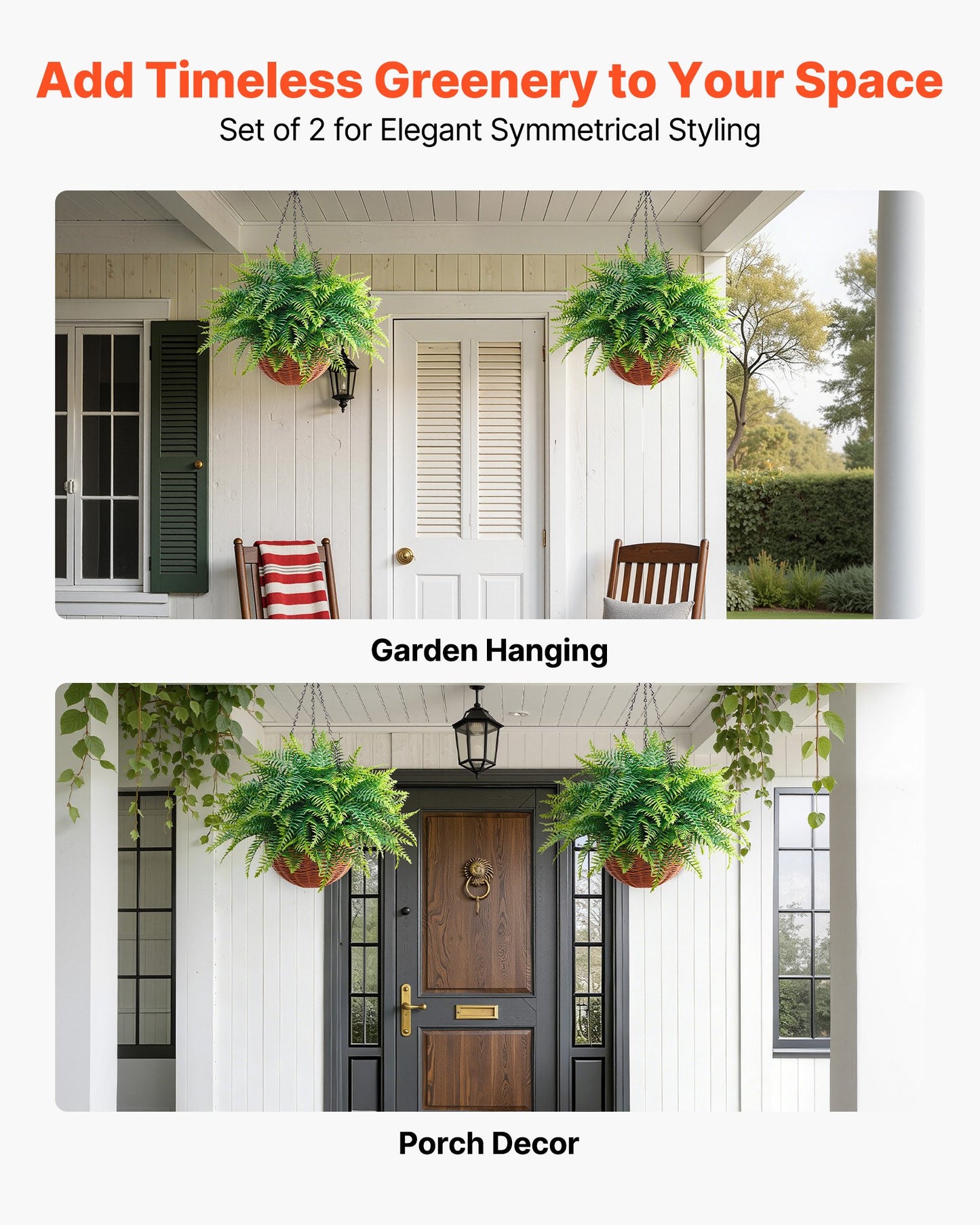 Artificial Ferns, 2 Pcs Fake Hanging Boston Fern Bush Plant With 23 Inch Hanging Length, Plastic Faux Greenery For Indoor And Outdoor Decor, For Wall, Wedding Party, Home, Porch Garden, Office