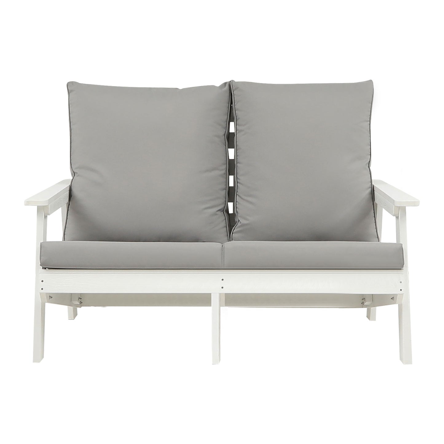 HIPS Loveseat With Cushion, Wood Grain Outdoor Garden Sofa,White Grey
