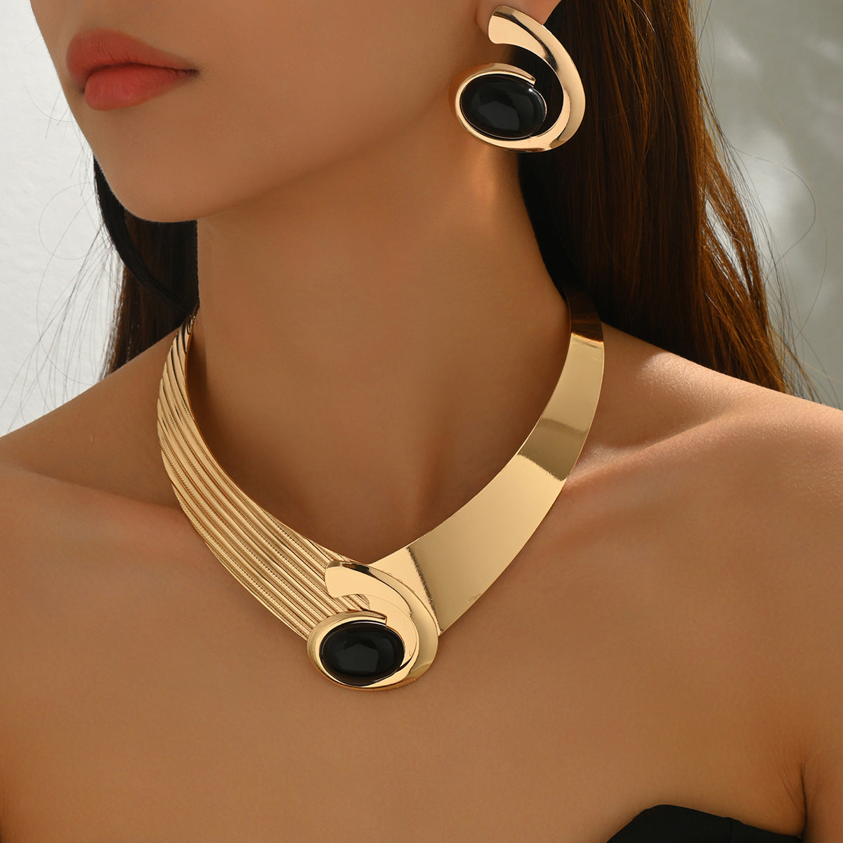 2026 New Arrival Cross-Border European American Jewelry For Women, Geometric Gemstone Inlaid Exaggerated Necklace & Matching Earrings, Versatile Fashion Ear Neck Jewelry Set