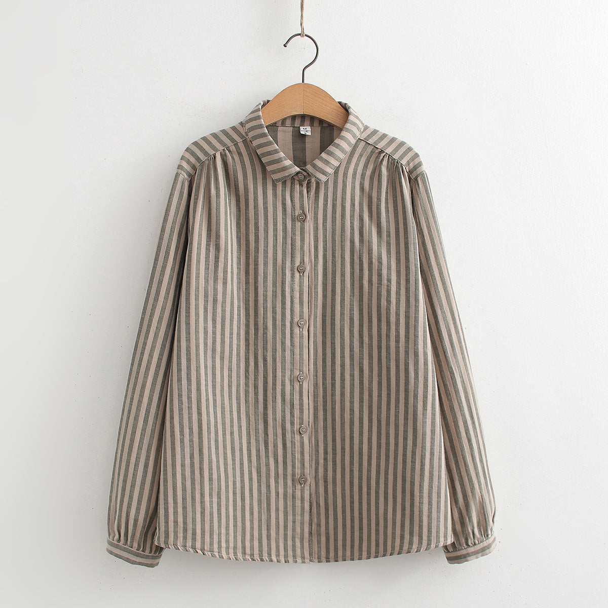 Korean-style Striped Cotton-linen Single-breasted Long-sleeve Shirt For Women