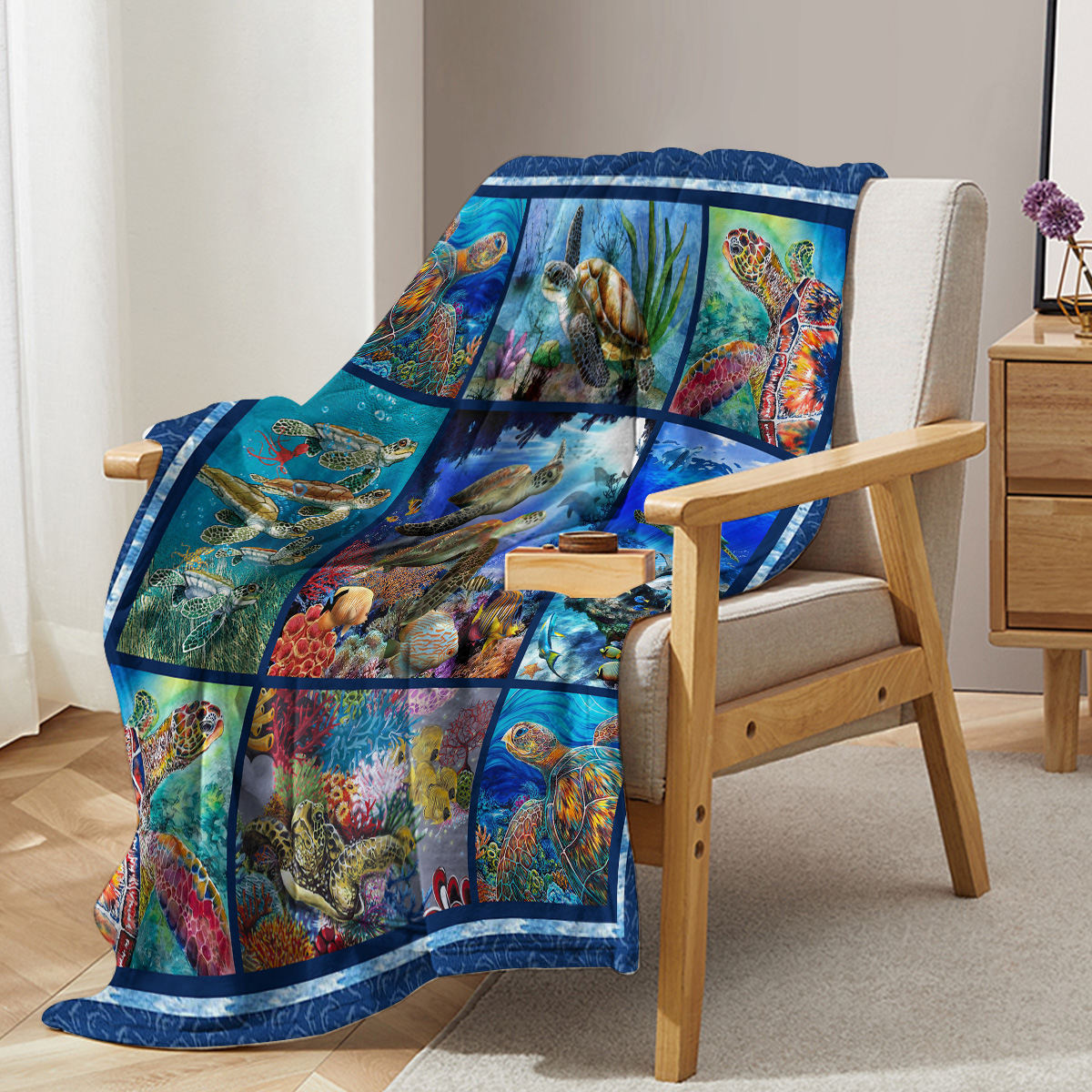 1 Pc Of Flannel Coral Turtle Cute Pet Theme Soft And Fluffy Multifunctional Outdoor Beach Camping Living Room Sofa Office Nap Printed Blanket