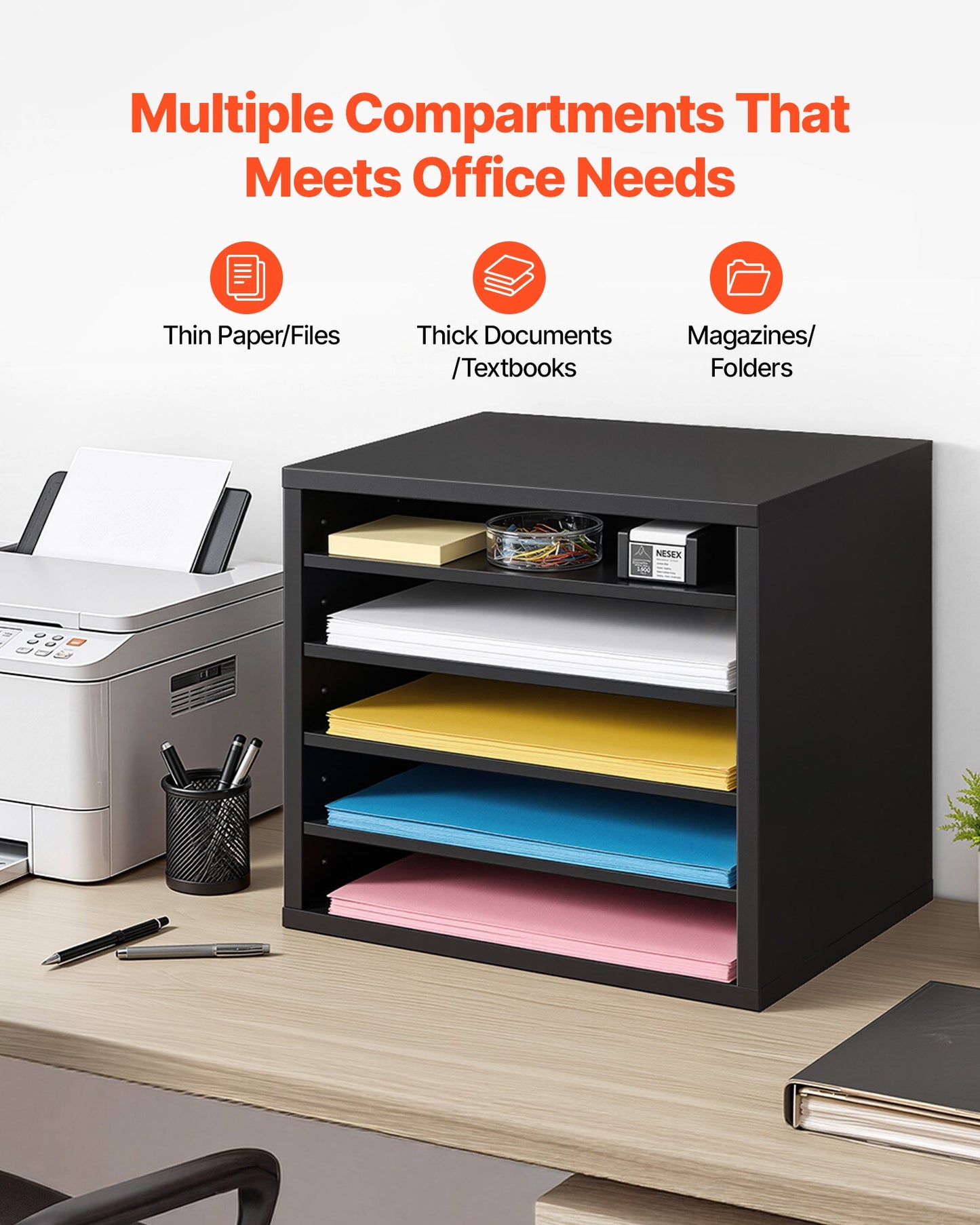 Literature Organizer, 5 Compartments Office Mailbox With Adjustable Shelves, Wooden Mailbox Sorter With MDF, Countertop Office Home Classroom Storage Organizer For File, Document, Paper, Black
