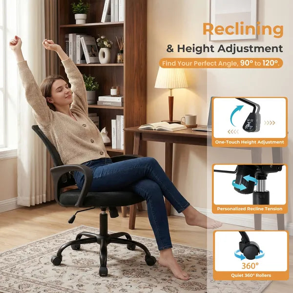 Ergonomic Office Desk Gaming Chair Mid Back With Lumbar Support Rocking Mode Height Adjustable With Fixed Armrest For Office