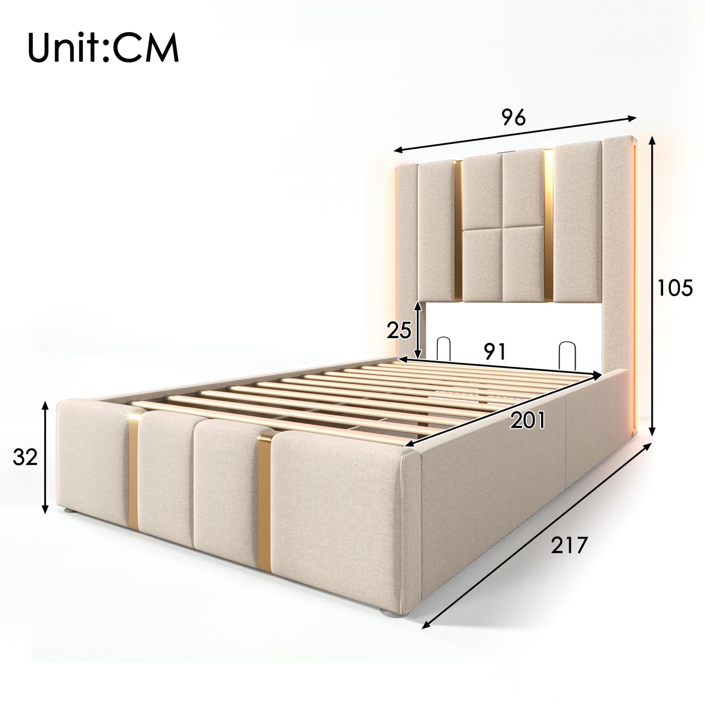 Upholstered Bed USB Type C Charging Function APP-Control LED Single Bed 90x200 Storage Beds Bed Frame, Wooden Slatted Frame, Beige Linen Material  Without Mattress