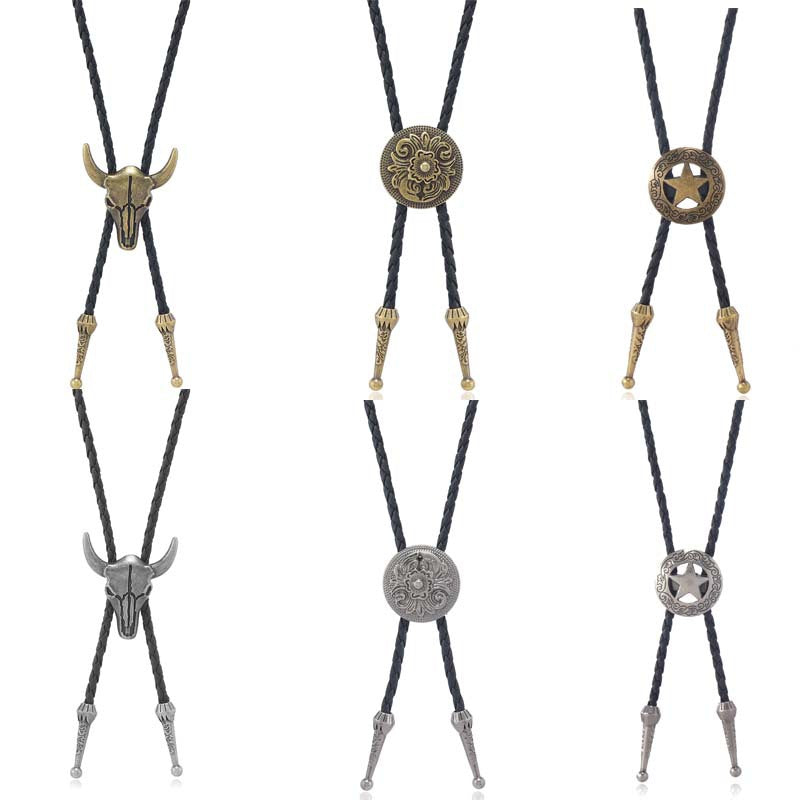 Pentagram Cow Alloy Pendant Polo Collar Necklace Vintage Punk Style Men's Leather Long Necklace Accessories