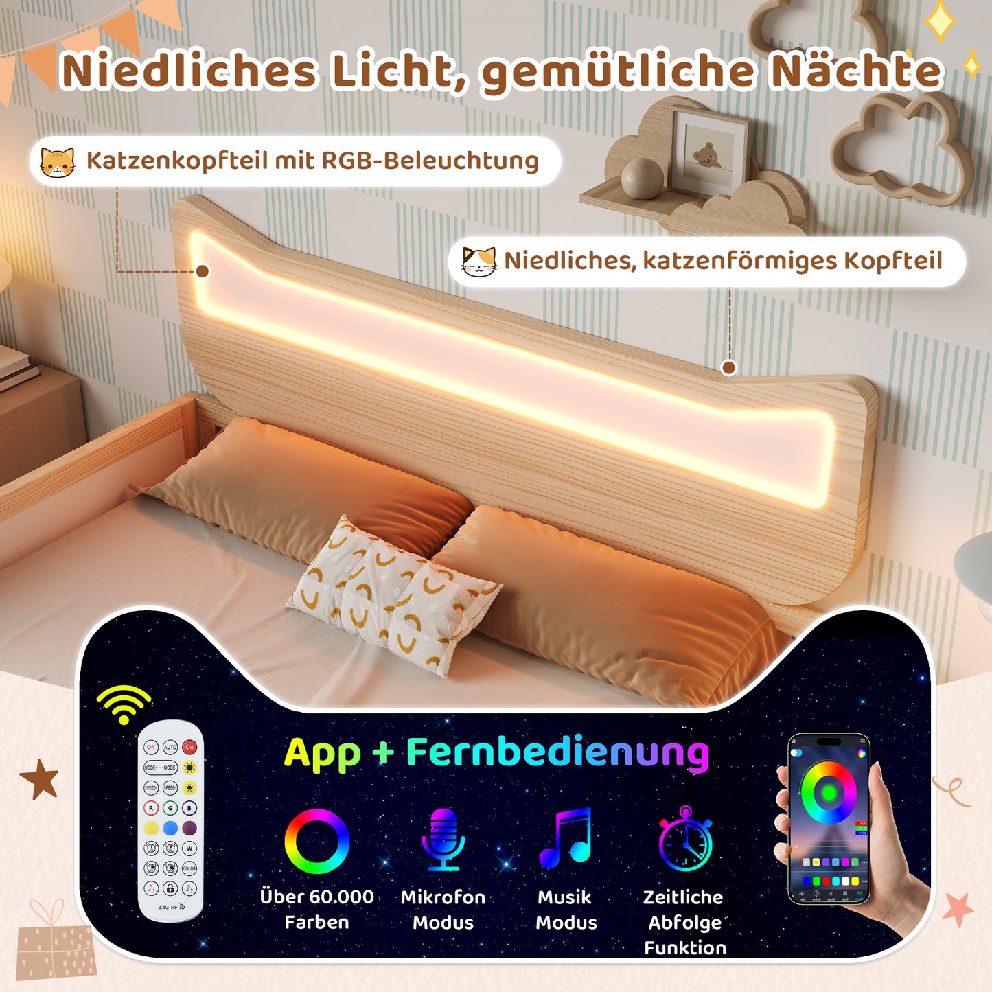 Children's Bed 90x190 Cm With Cat Ears, Headboard & RGB LED Lighting, Slatted Frame, Flexible Drawer & Storage Compartment Can Be Mounted Left Right, Child-proof Safety Gate, In White And Oak, Without