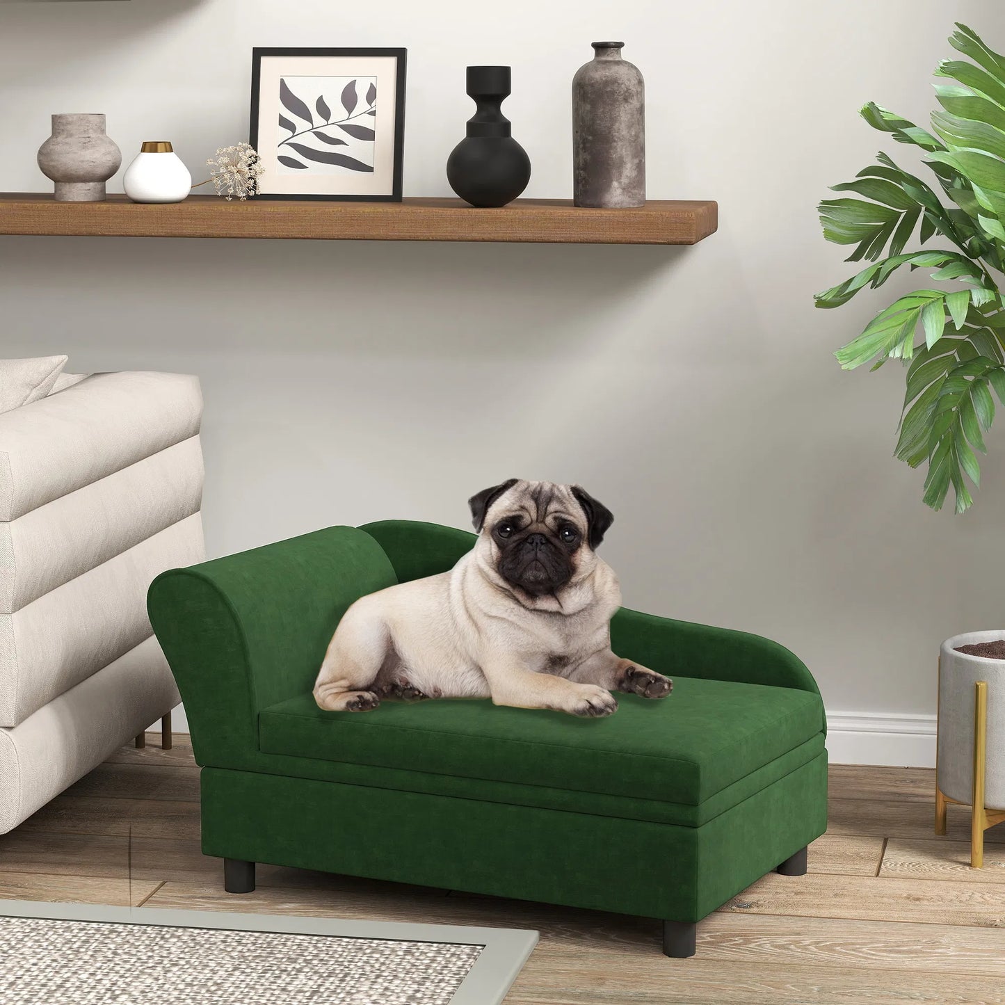 Pet Sofa Bed For Cats And Small Dogs With Storage, Comfortable Pet Couch With Hidden Storage Compartment, Soft Cushioned Indoor Dog Sofa Bed, Green