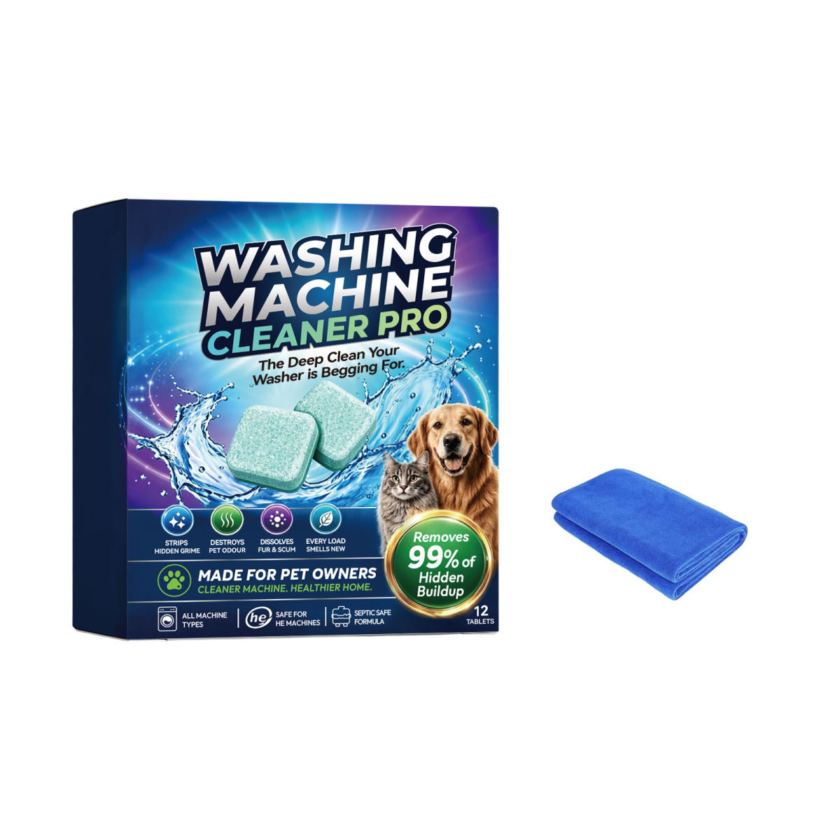 Washing Machine Cleaner Tablets 12pcs - Remove Pet Hair Odor from Drum Rubber Seal Gasket