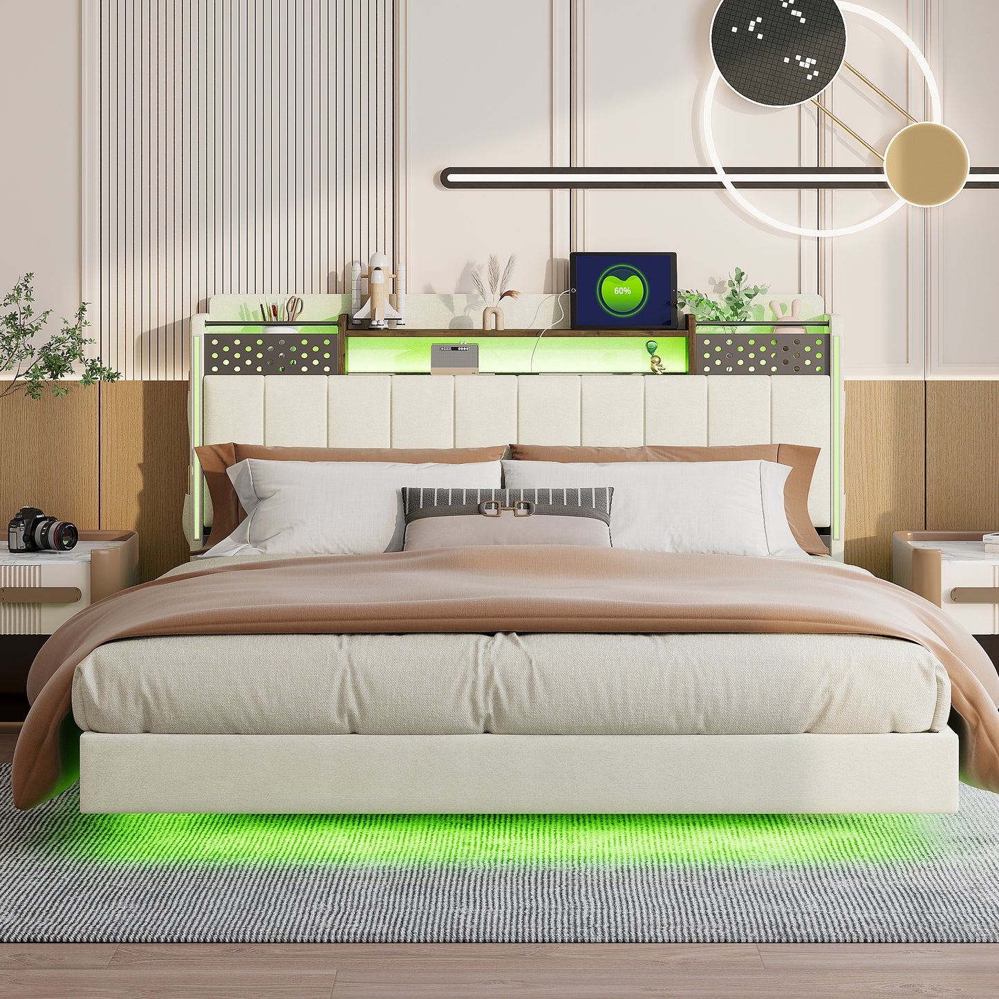 Upholstered Bed 160x200 With LED Lighting And USB Socket, Headboard With Storage Space, Floating Bed Youth Bed Adult Bed, Linen Fabric, Beige