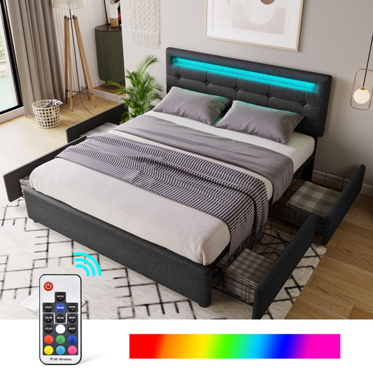 Bed Frame With LED Lighting And 4 Drawers, Double Bed Upholstered Bed 140x200cm, Height-adjustable Headboard, Wooden Slatted Base, Black  Without Mattress