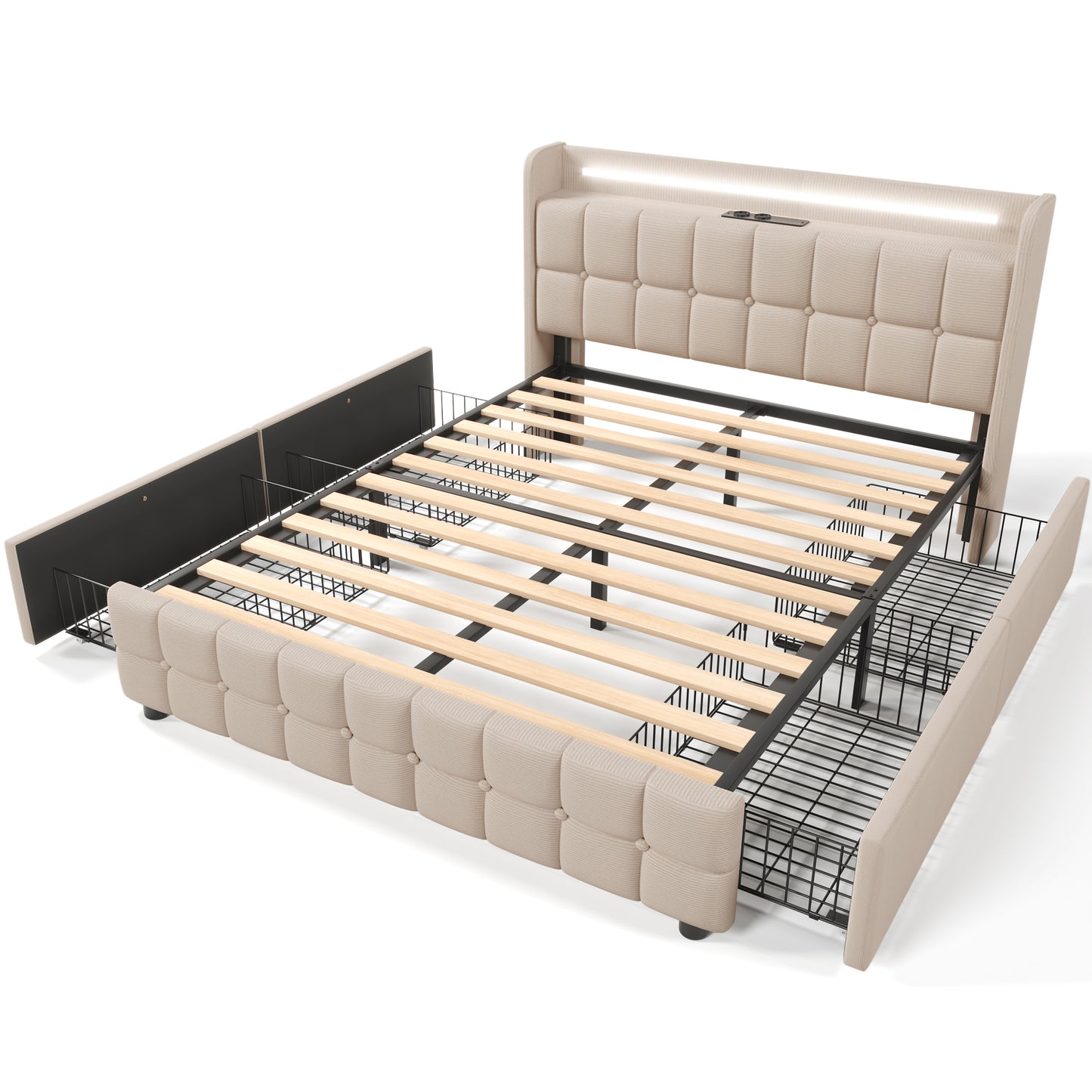 Sofa Bed With USB Charging Function, Headboard And LED Lighting And 4 Drawers, Double Bed 180x200cm, Storage Bed Frame, Wooden Spring Bed, Beige Without Mattress