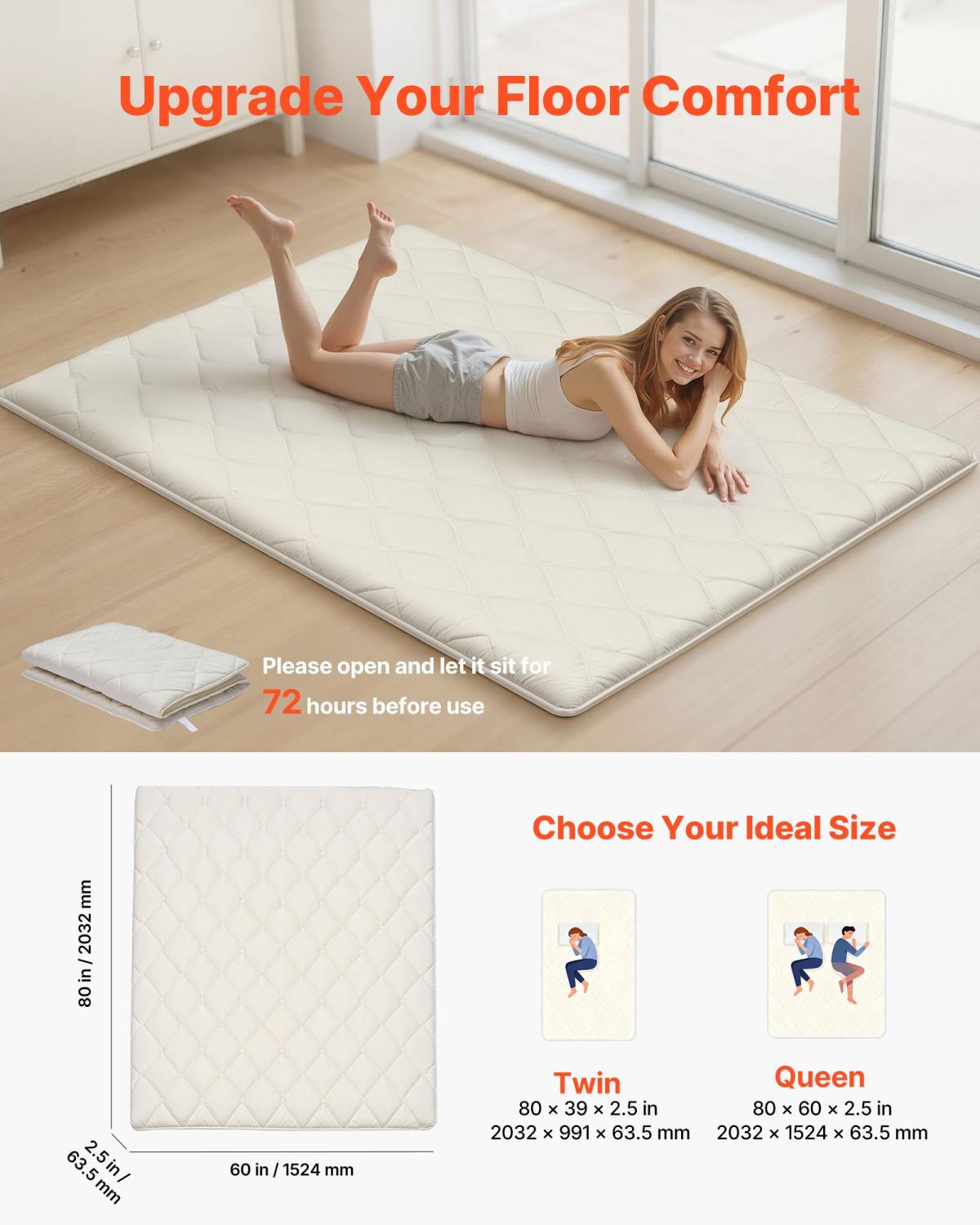 Japanese Tatami Mat, Queen Size Foldable Japanese Tatami Mattress, Futon Mattress With Storage Bag & Fastener, 9-Layer Floor Mat For Sleeping, Dormitory, Meditation, Yoga, 80 X 60 X 2.5 In, White