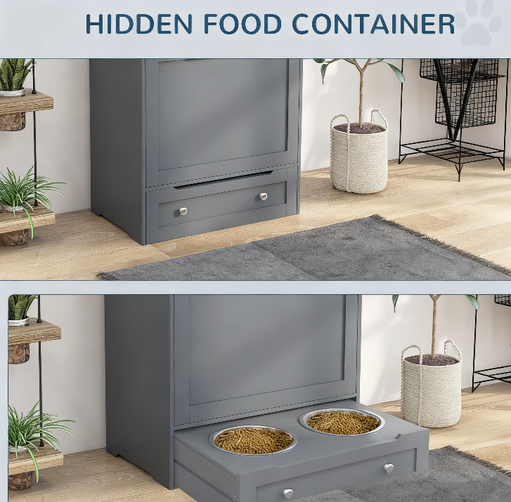 Pet Feeder Station Storage Cabinet, With Dog Raised Bowls, Gray