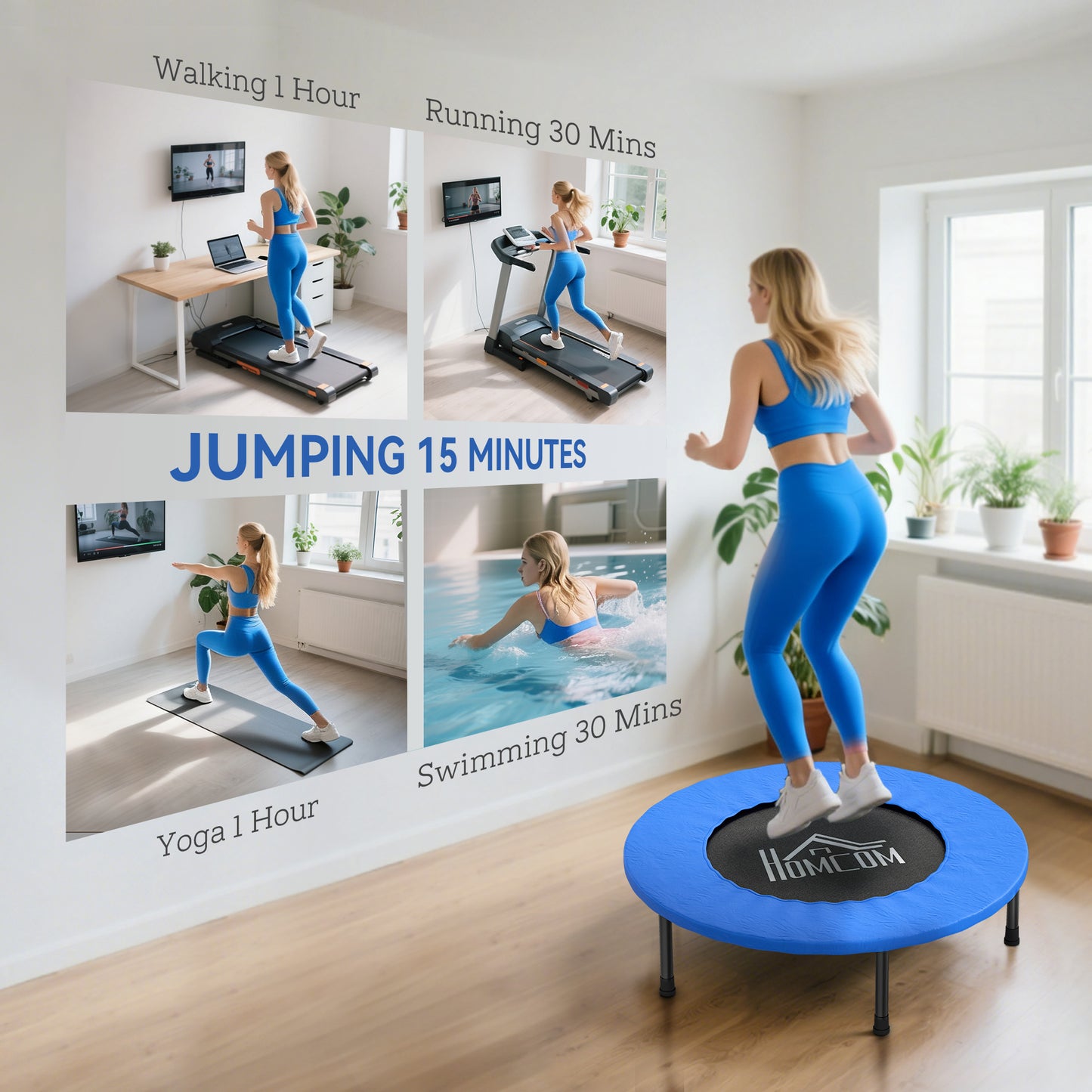 32" Mini Fitness Trampoline Home Gym Yoga Exercise Rebounder Indoor Outdoor Jumper With Safety Pad, Support Up To 100 KG, Blue And Black
