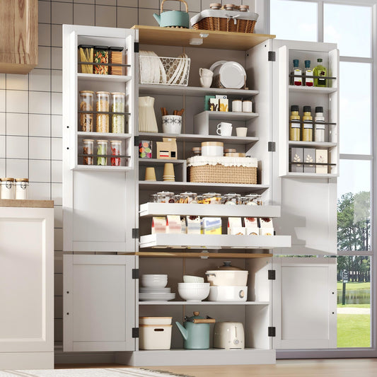 Kitchen Cabinets, Tall Cabinets And Storage Cabinets With Motion Sensor, Adjustable Shelves, Shelves On The Doors And Drawers, Suitable For Kitchen, Dining Room And Living Room, White