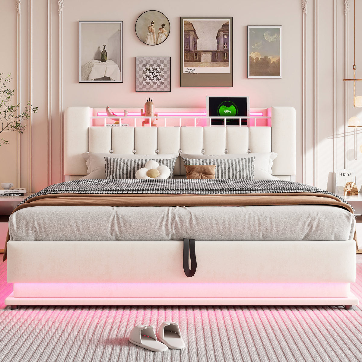 Smart Upholstered Bed 180 X 200 Cm With LED Lighting, USB And Hydraulic Storage, Soft Velvet Cover And Metal Frame, Beige