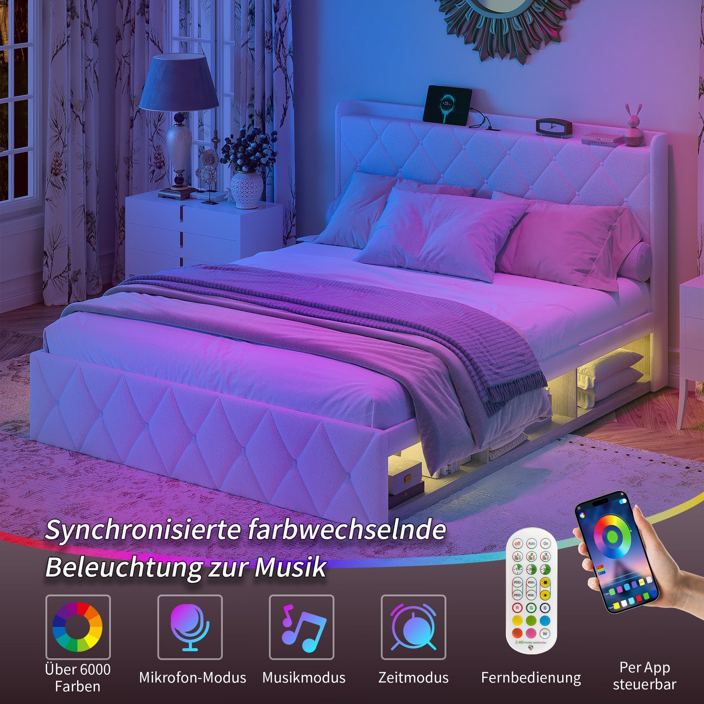 140 X 200 Cm Upholstered Bed, White Plush Fabric, Double Bed With USB Charging Function, Equipped With LED Light Strip, With 6 Practical Drawers, Load Capacity 800 Lbs, Without Mattress