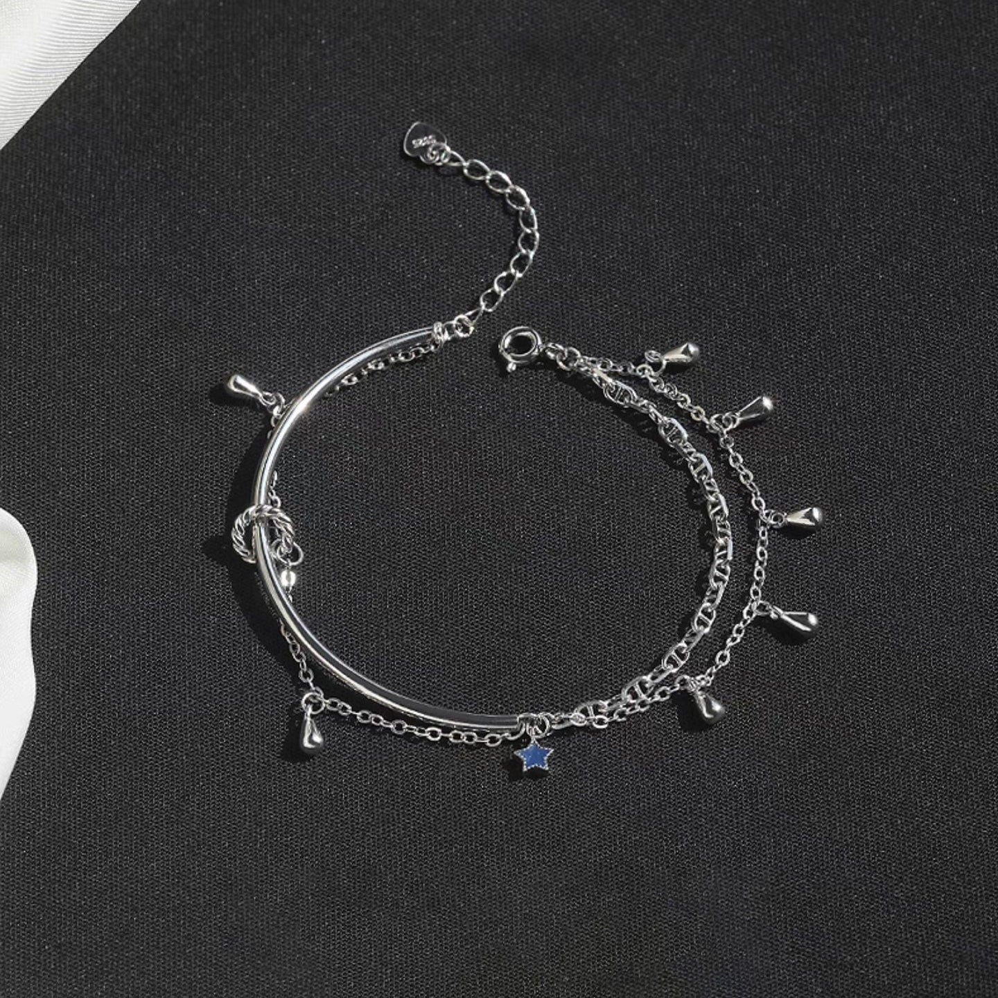 1pc 999 Sterling Silver Double-Layer Tassel Star Half-Bangle Bracelet, Trendy Style, Perfect For Daily Wear & Valentine's Gifts