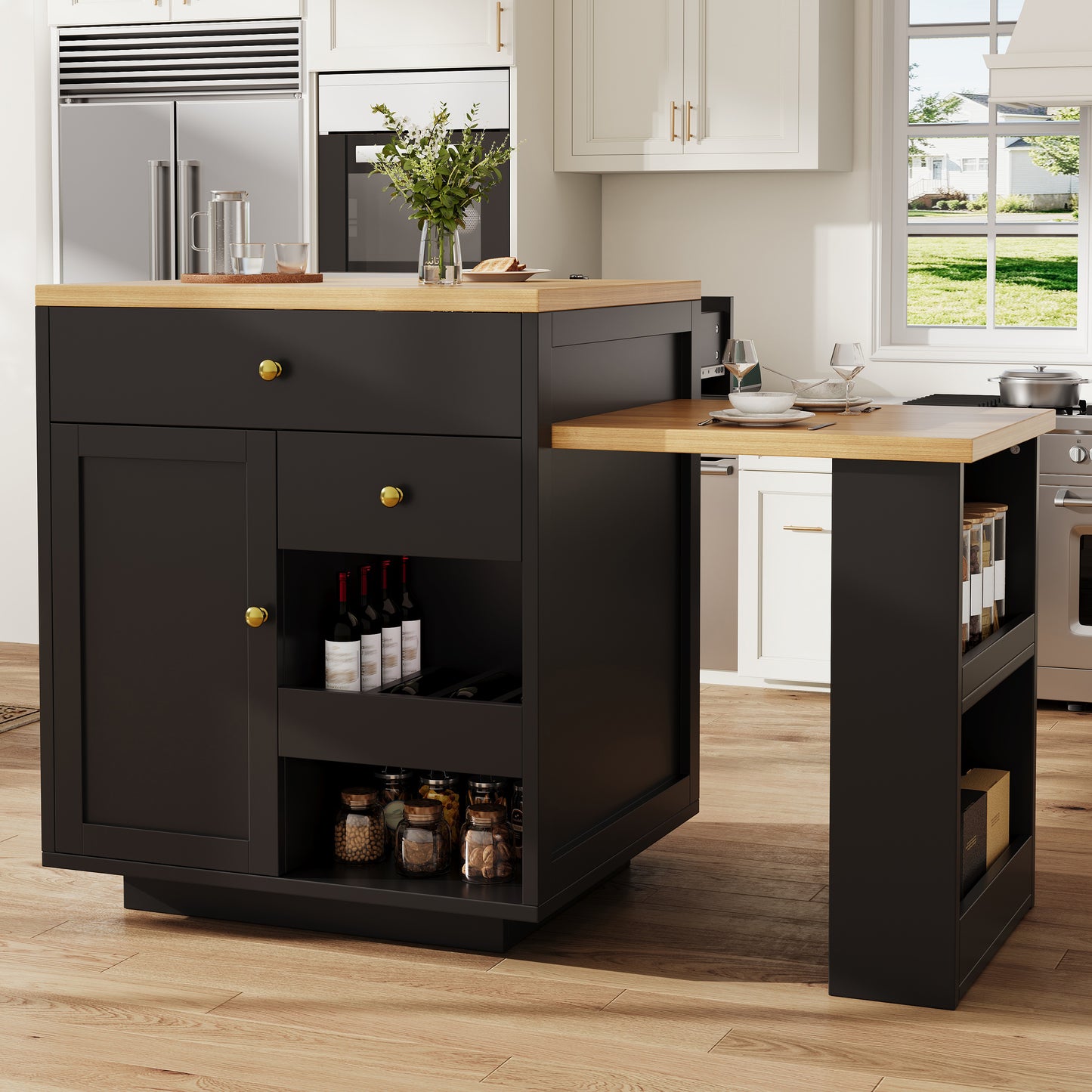 Extendable Bar Table With Storage 122.5-195.5x70x93.8cm, With Three Drawers And Wine Rack, Kitchen Island With Extendable Table, For 2-6 People, Kitchen Dining Cart With Side Shelves, Black