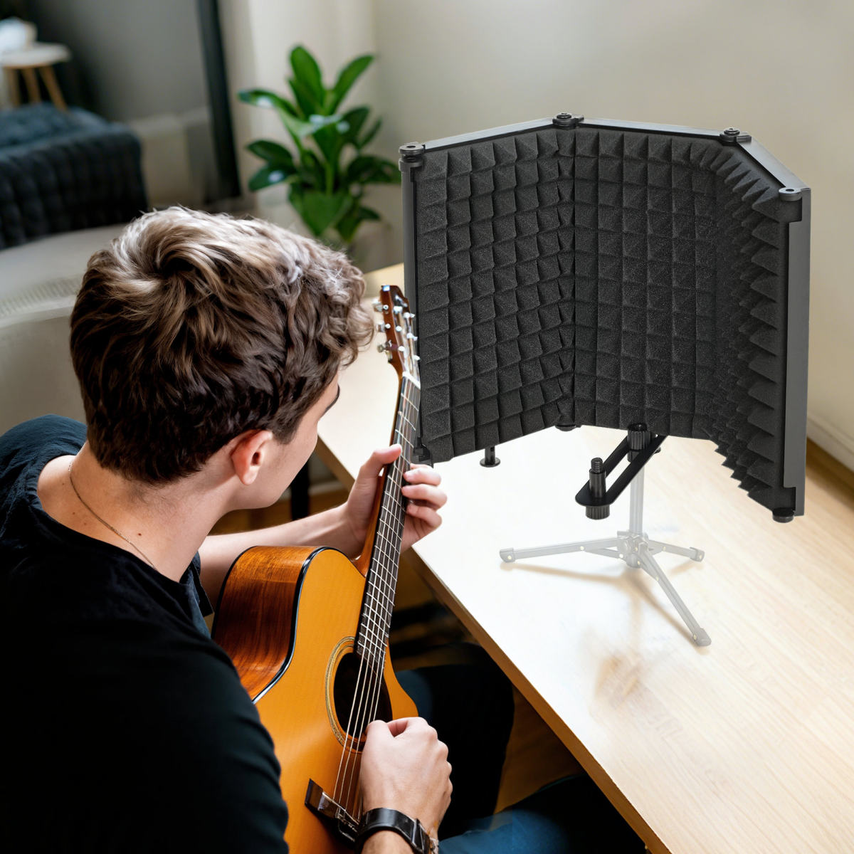 Studio Microphone Isolation Shield, Foldable Adjustable Recording Studio Equipment, 3-Panel High Density Absorbent Foam Shield With Threaded Mount, Black