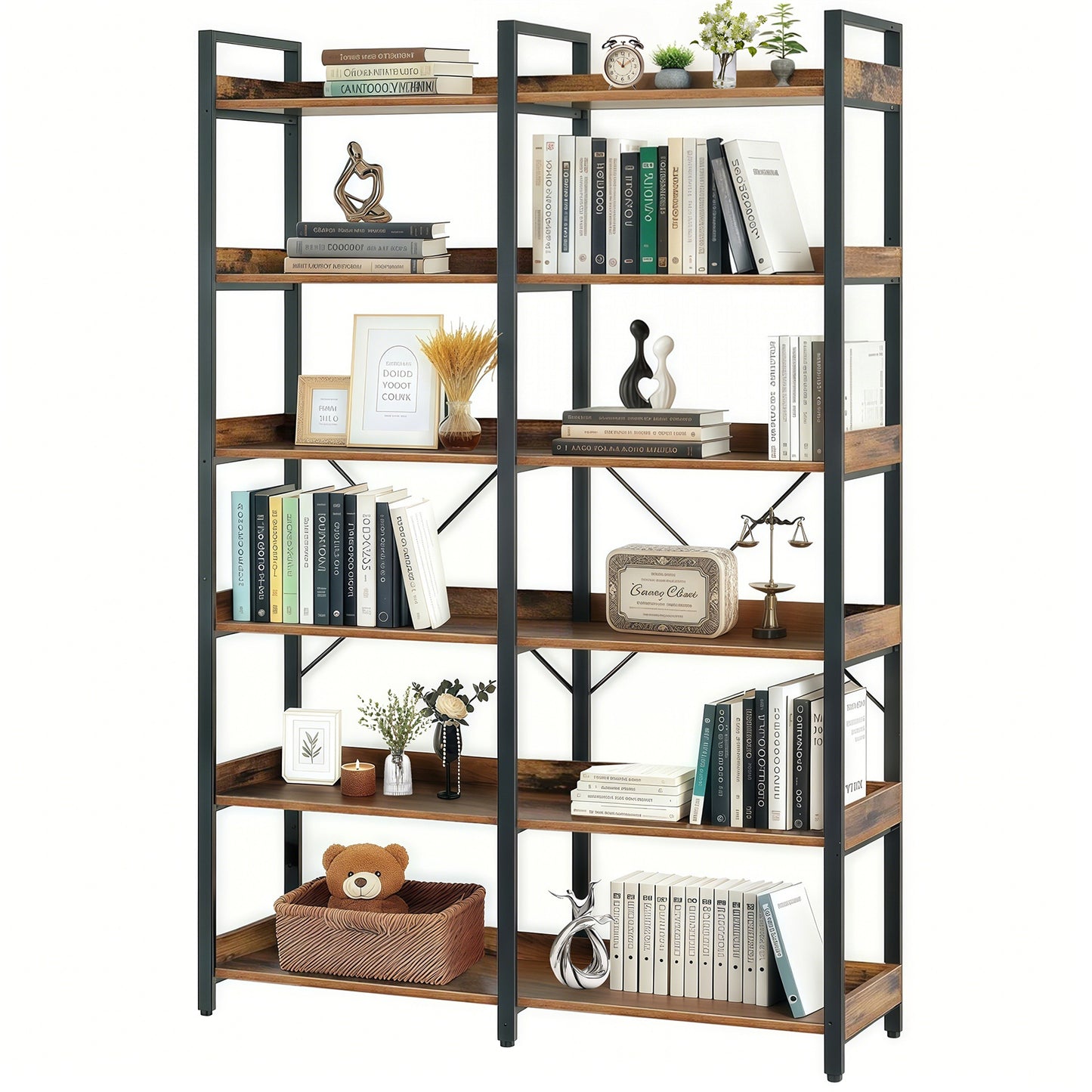 6-Tier Industrial Bookshelf, 67  Wooden Bookshelf With Open Shelves, Freestanding Metal Frame Bookcase For Storage And Display, Modern Book Shelves For Bedroom, Living Room And Home Office, Brown