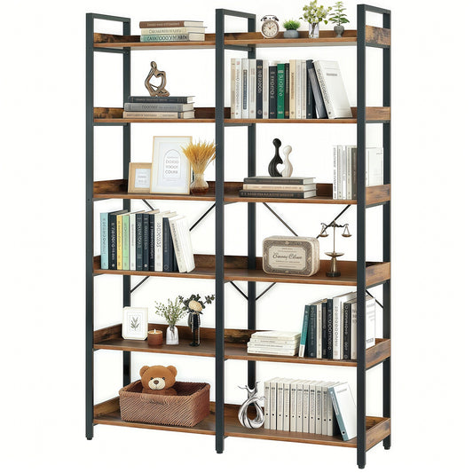 6-Tier Industrial Bookshelf, 67  Wooden Bookshelf With Open Shelves, Freestanding Metal Frame Bookcase For Storage And Display, Modern Book Shelves For Bedroom, Living Room And Home Office, Brown