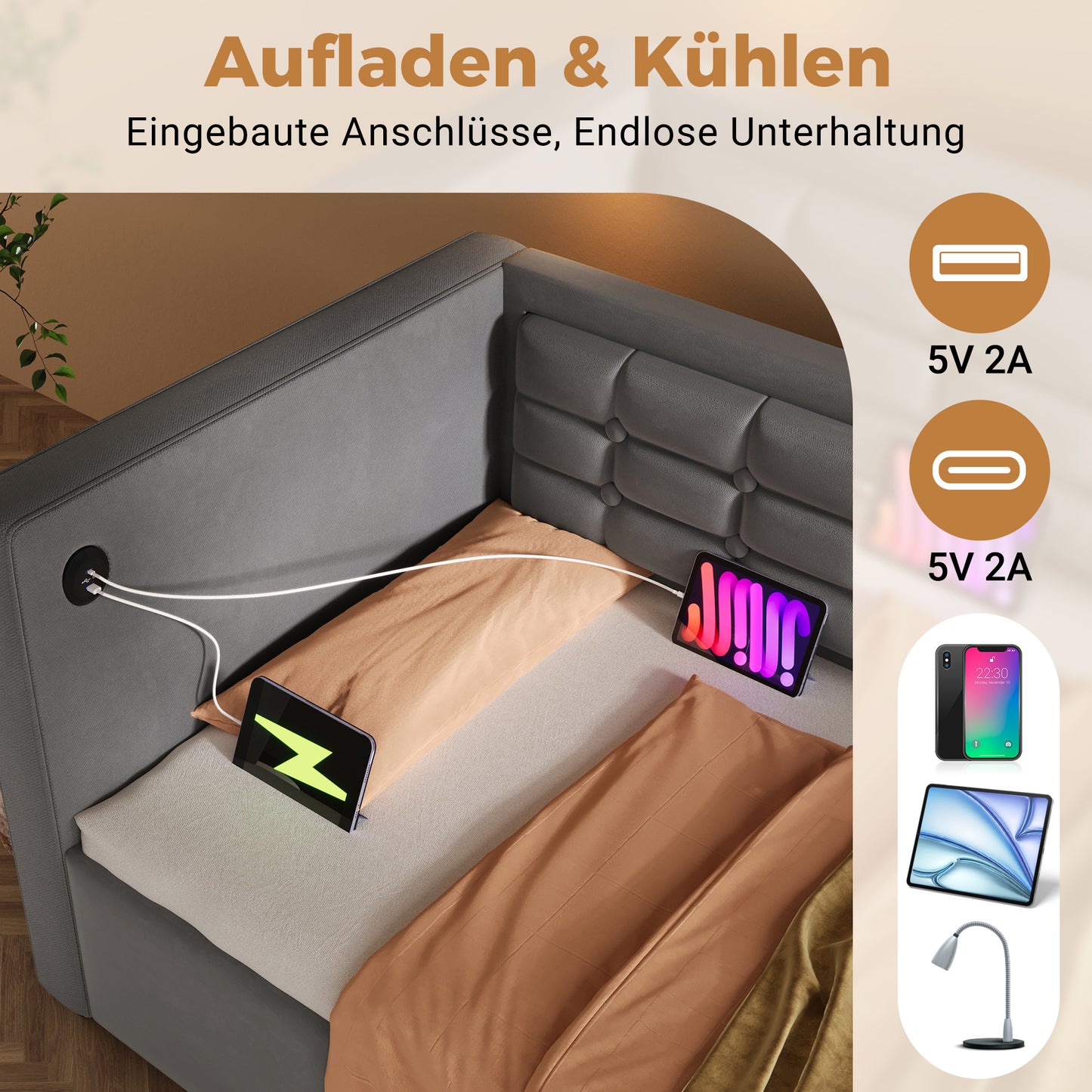 Upholstered Sofa Bed 90x190 Cm, Single Bed Sofa Bed With Hydraulic Storage And USB & Type-C Charging Station, Guest Bed With Wooden Slatted Base, Grey, Velvet, Without Mattress.