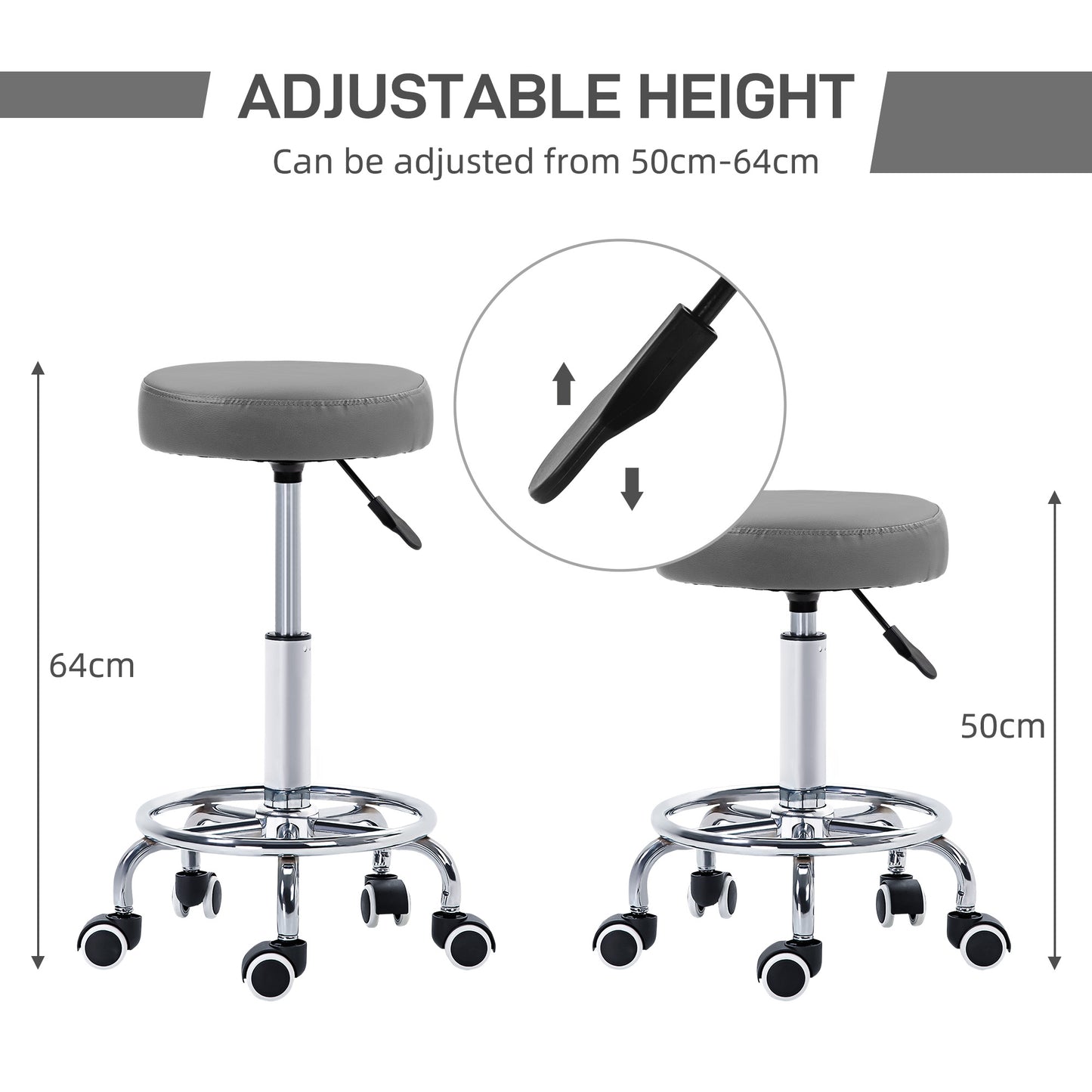 Vinsetto PU Leather Rolling Stool, Height Adjustable Stool Chair With Wheels For Salon, Massage, Spa, Grey