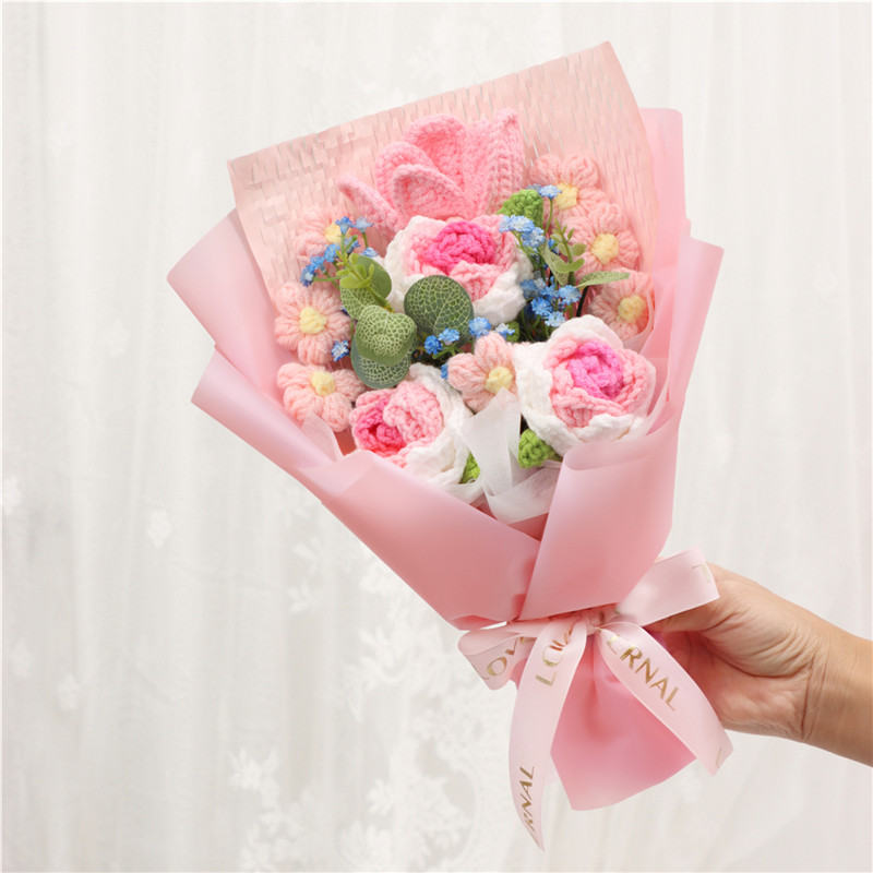 Handmade Knitted Crochet Bouquet, Pink Rose Tulip With Forget Me Not, Everlasting Artificial Yarn Flowers For Home Table Decor And Gift