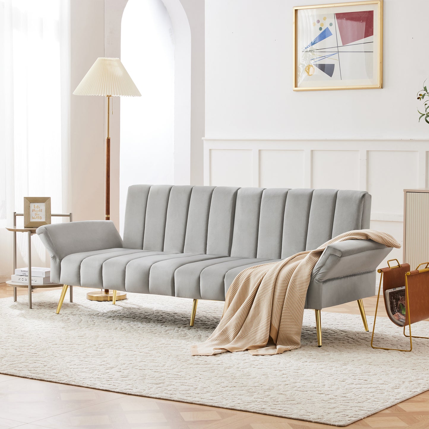 Modern Adjustable Velvet Sofa Bed With Multi Position Backrest & Armrests, Metal Legs, Convertible Sleeper Function, Ideal For Living Room, Bedroom, Home Theater & Guest Room, Grey, Video Included